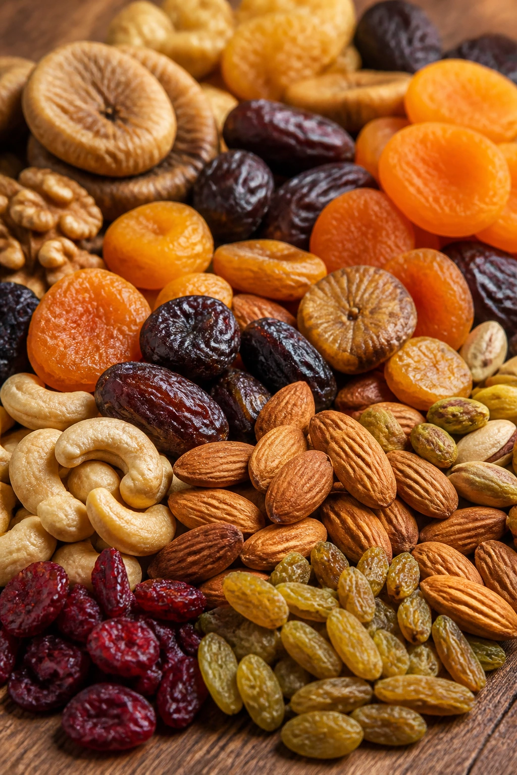 12 Incredible Benefits Of Eating Dry Fruits In The Morning 6 Close-up of dense cluster of dried fruits on wood