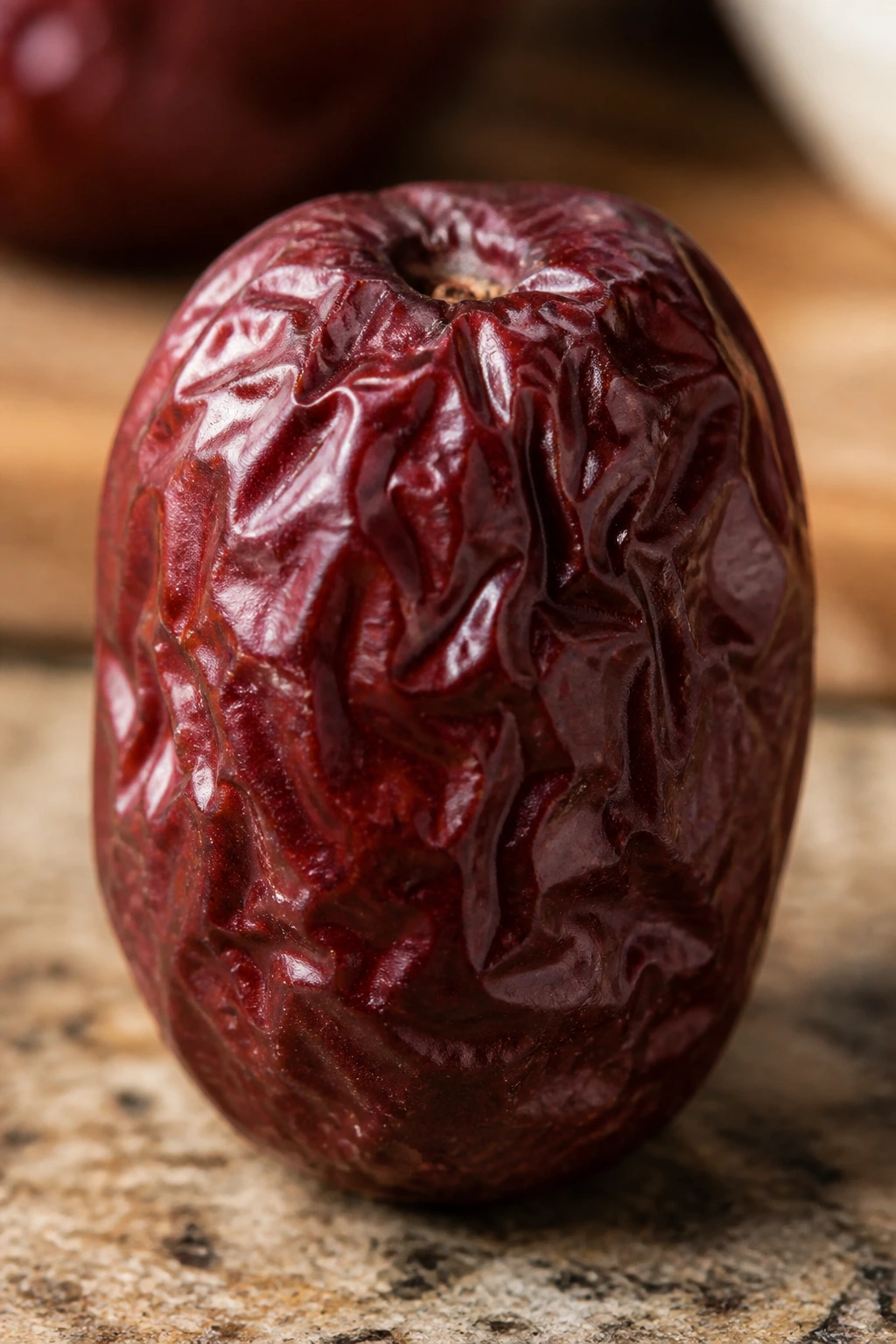 How To Dry Jujube Fruit Like a Pro: Step-By-Step Guide 3 Close-up of a single dried jujube on a kitchen counter
