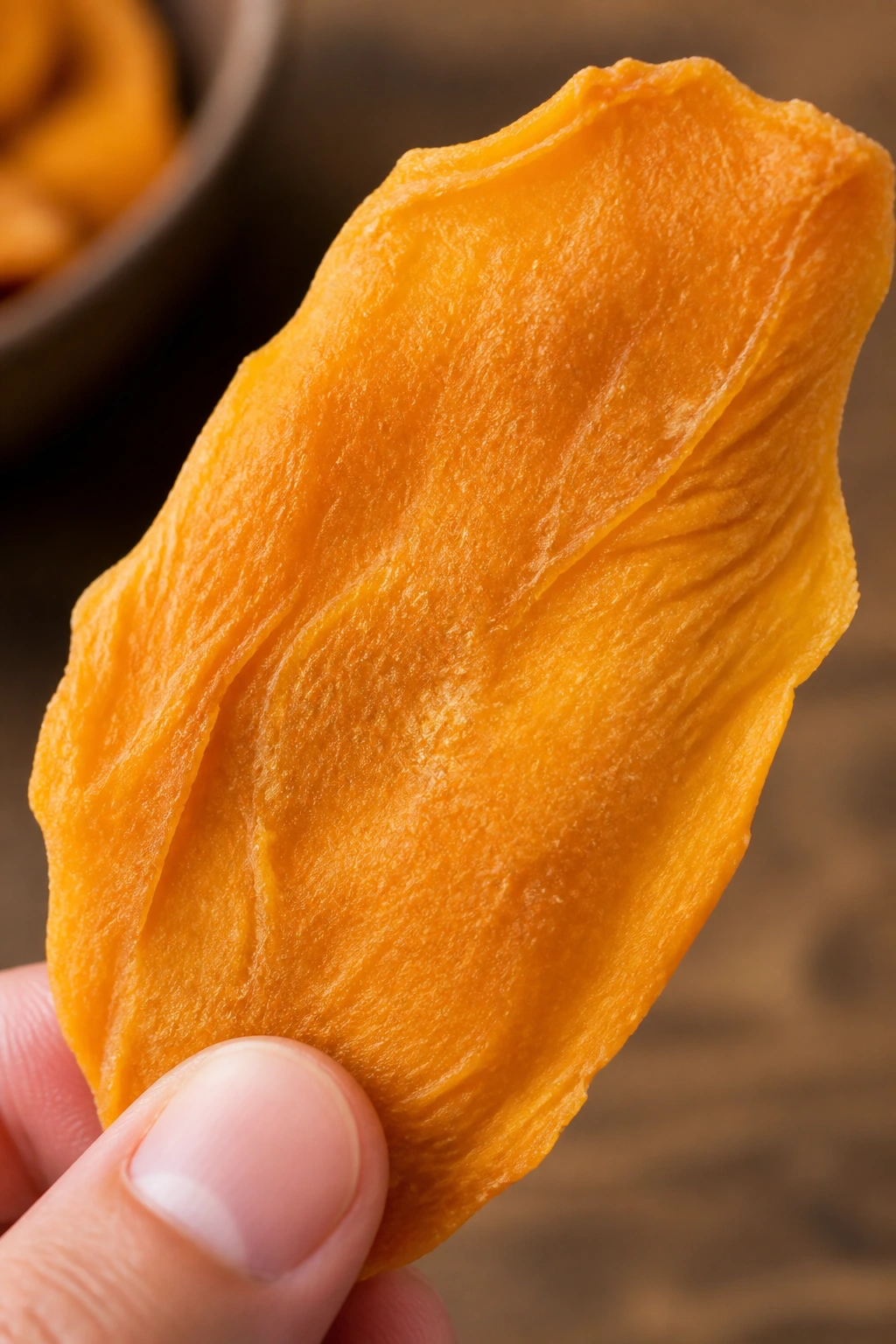 Macro close-up of a single dried mango slice held by fingertips