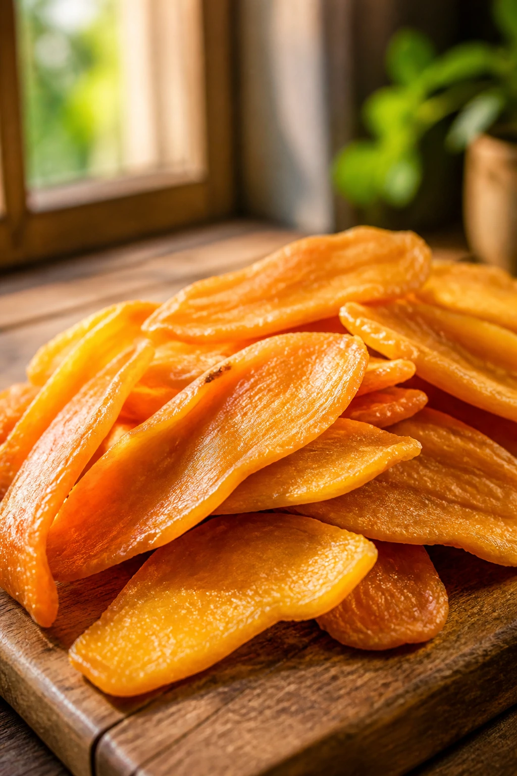 Close-up of glossy dried mango slices on a wooden board with warm kitchen light
