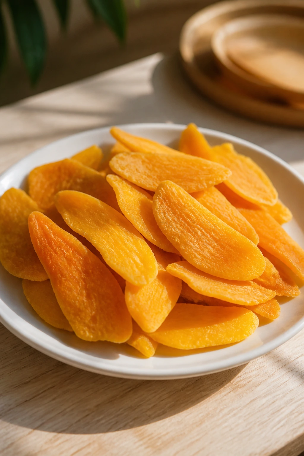 Bright dried mango slices on a white plate under natural light