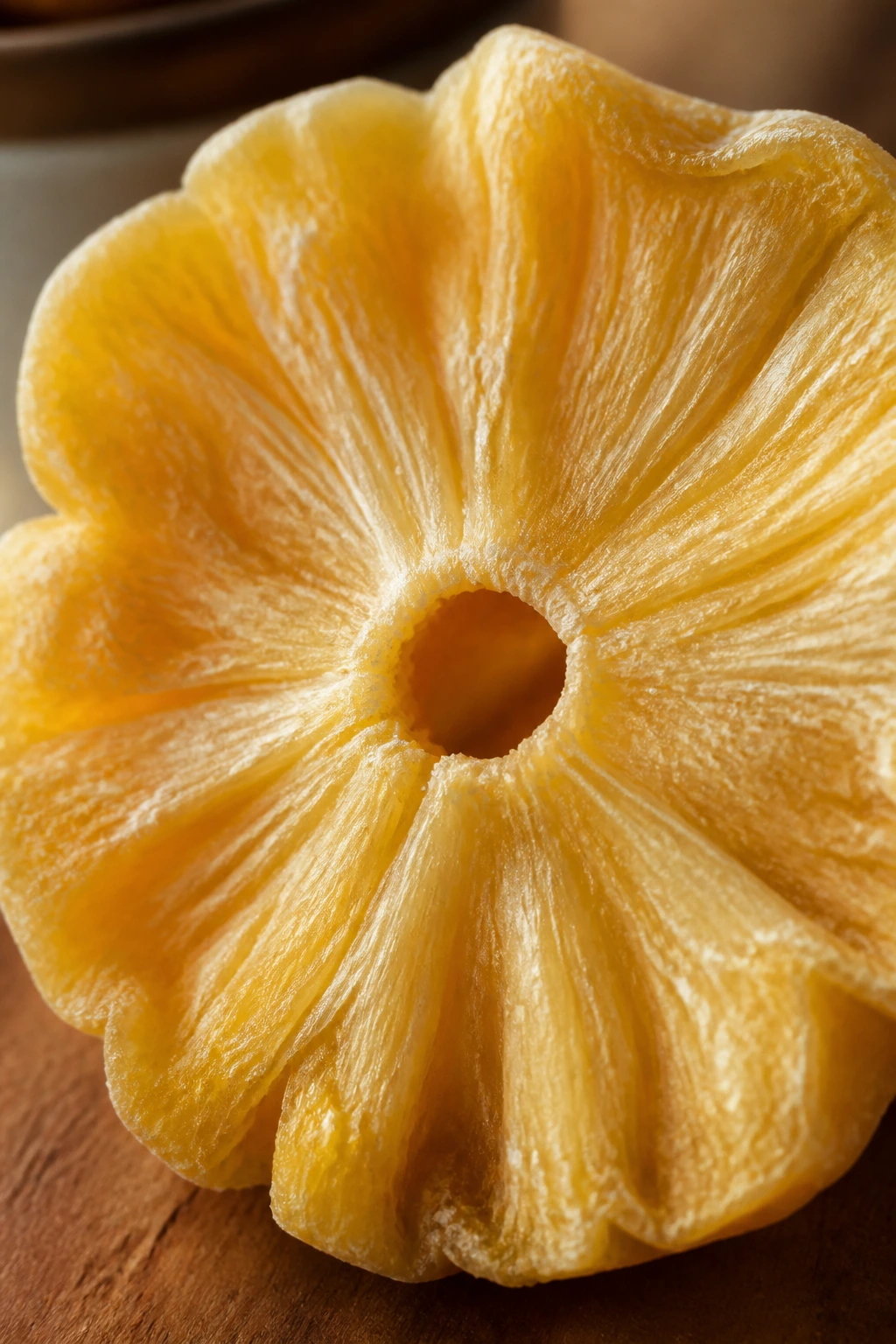 Close-up of a single dried pineapple slice showing chewy texture and golden color.
