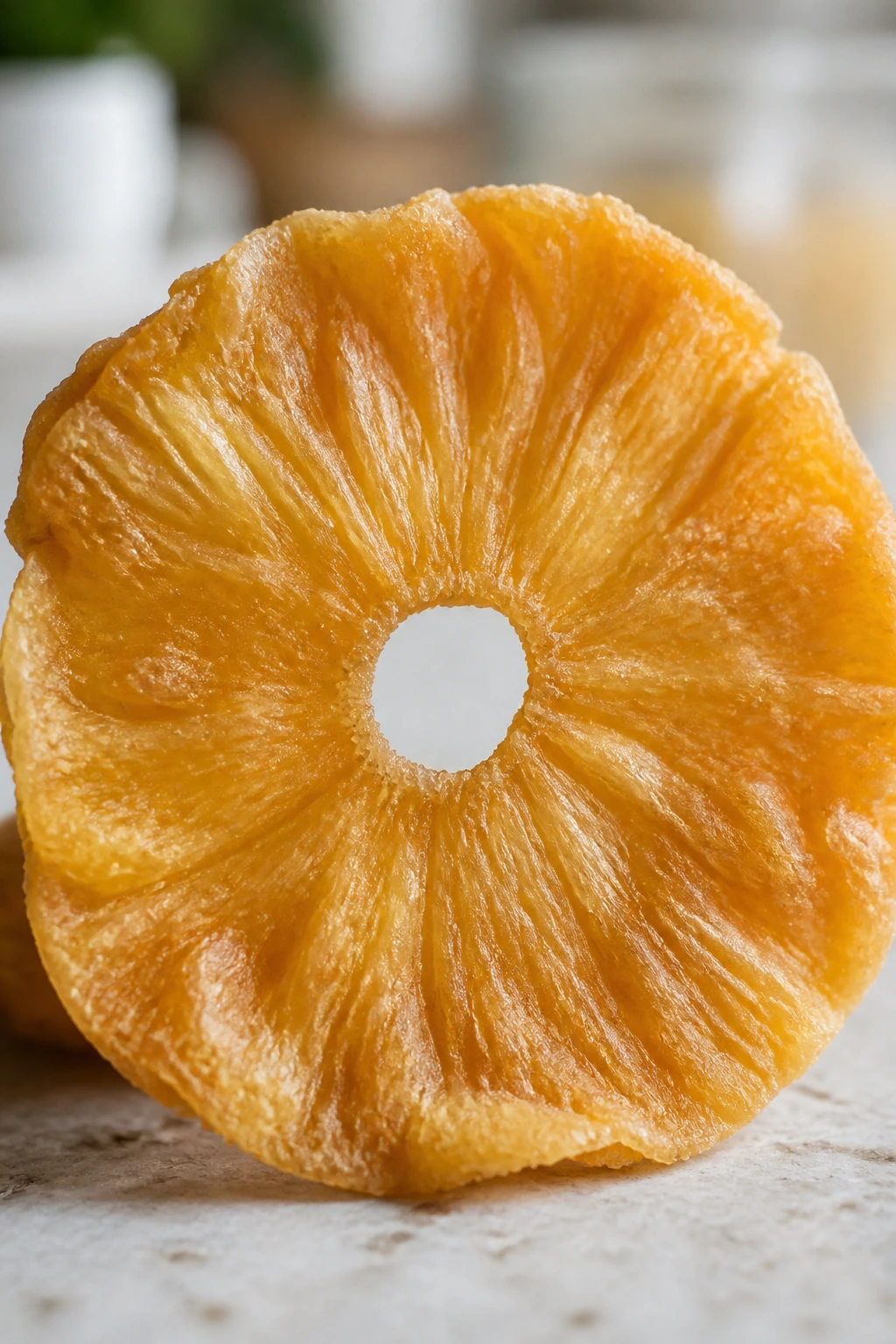 Single dried pineapple slice close-up on a neutral background.