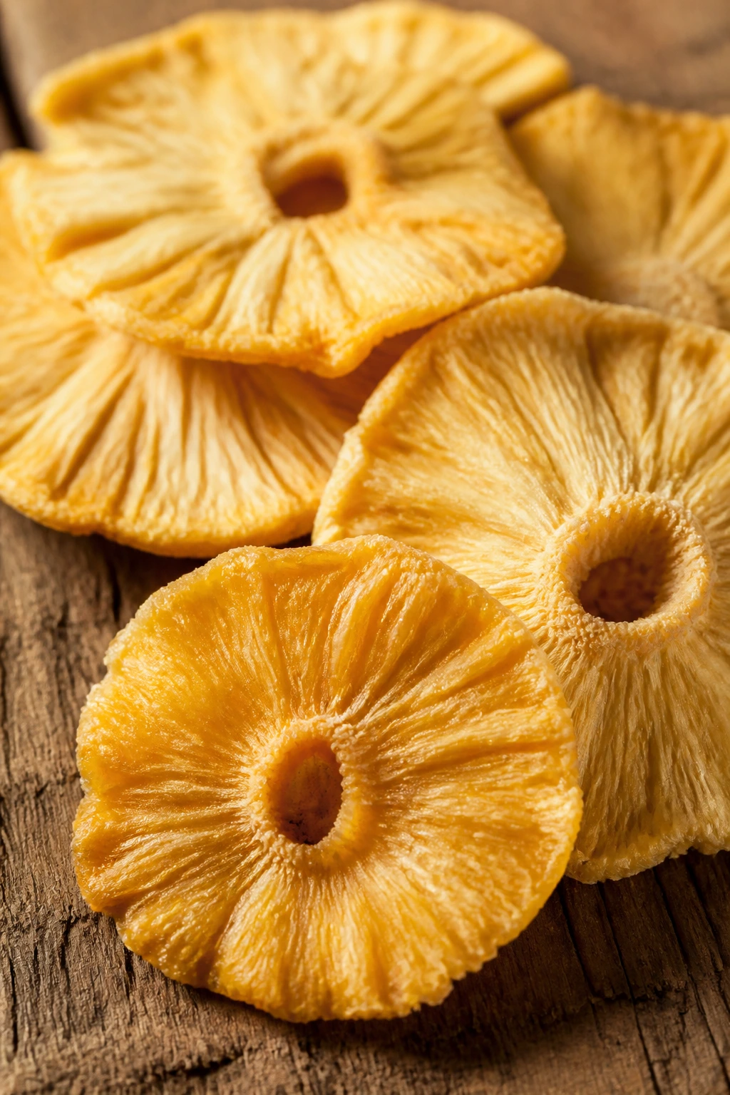 Close-up of multiple dried pineapple slices highlighting texture and color.