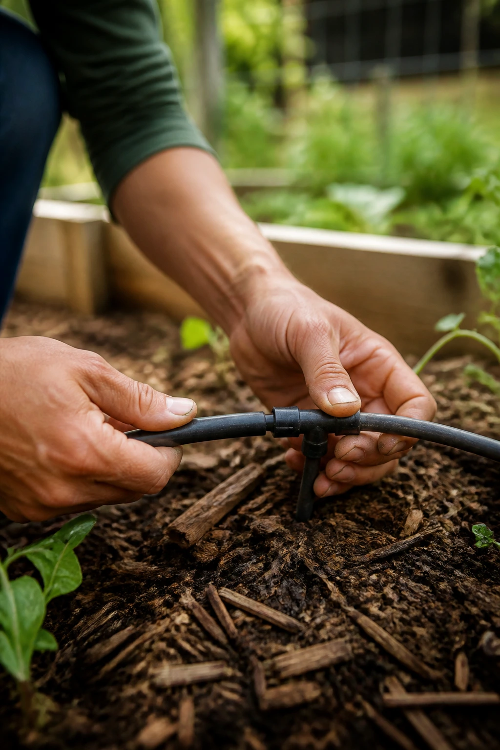 From Passion to Harvest: How To Start Farming With No Money? 2 Hands assembling drip irrigation line in a community garden