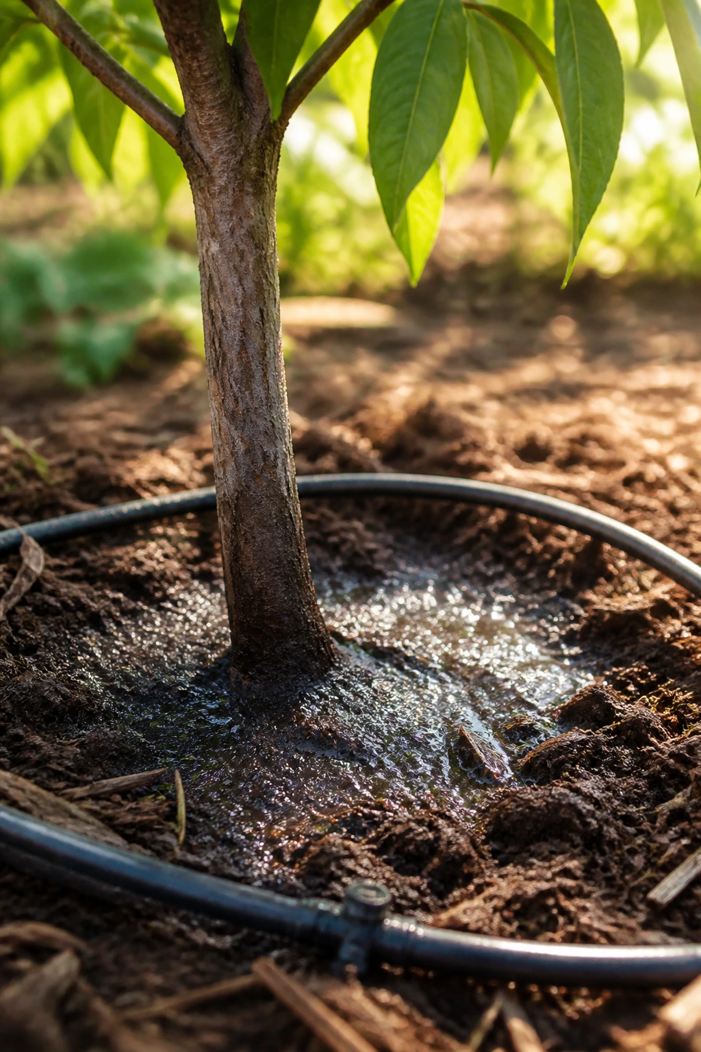 Signs That You Are Underwatering or Overwatering Peach Tree 4 Soaked soil at the base of a peach tree with drip irrigation, illustrating the right way to water.