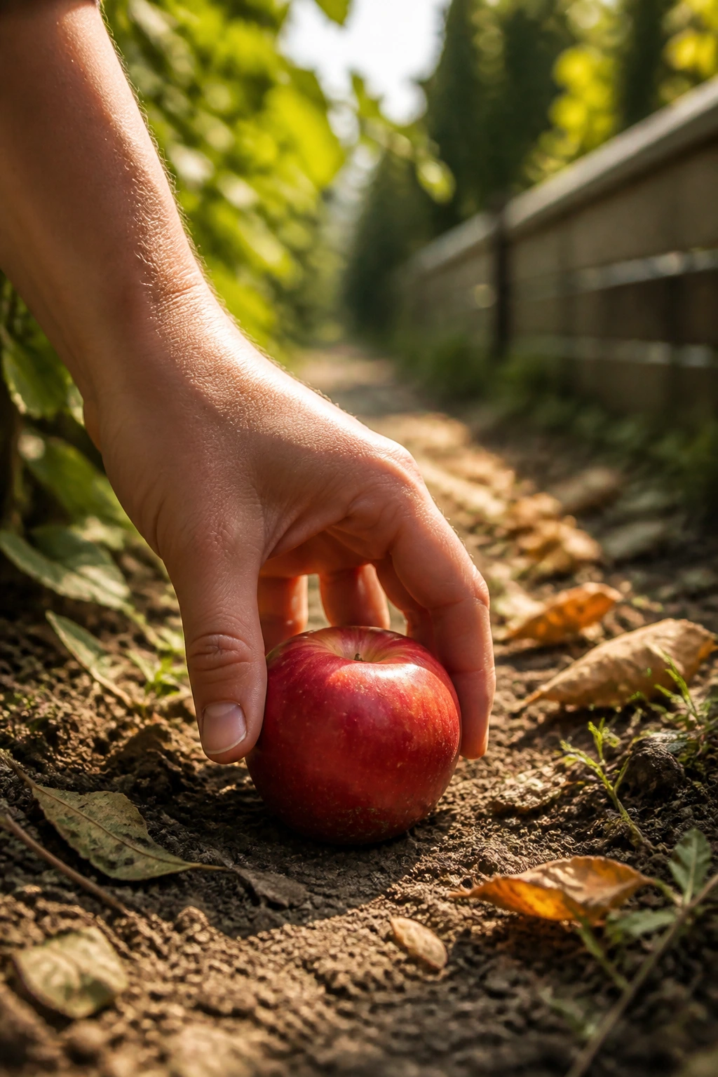 Close-up of a hand picking up a fallen red apple on a sunlit garden path.