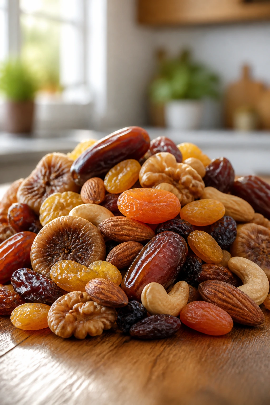 Discover the Best Dry Fruits for Weight Gain: Top 12 Choices 6 Close-up of a pile of mixed dried fruits on a wooden surface