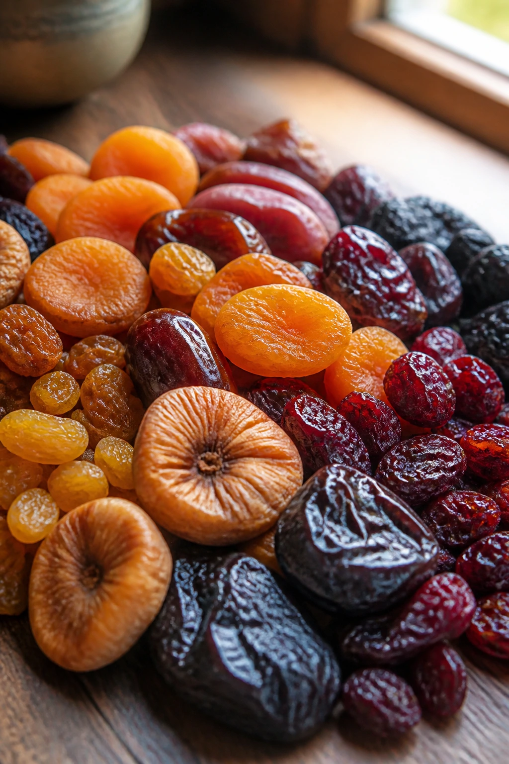 How Much Dry Fruits To Eat In A Day To Lose Weight? 1 Close-up of mixed dried fruits filling the frame on a wooden kitchen surface