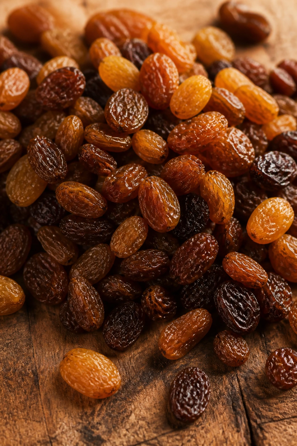 Close-up of glossy dried grapes filling the frame on a rustic wooden surface