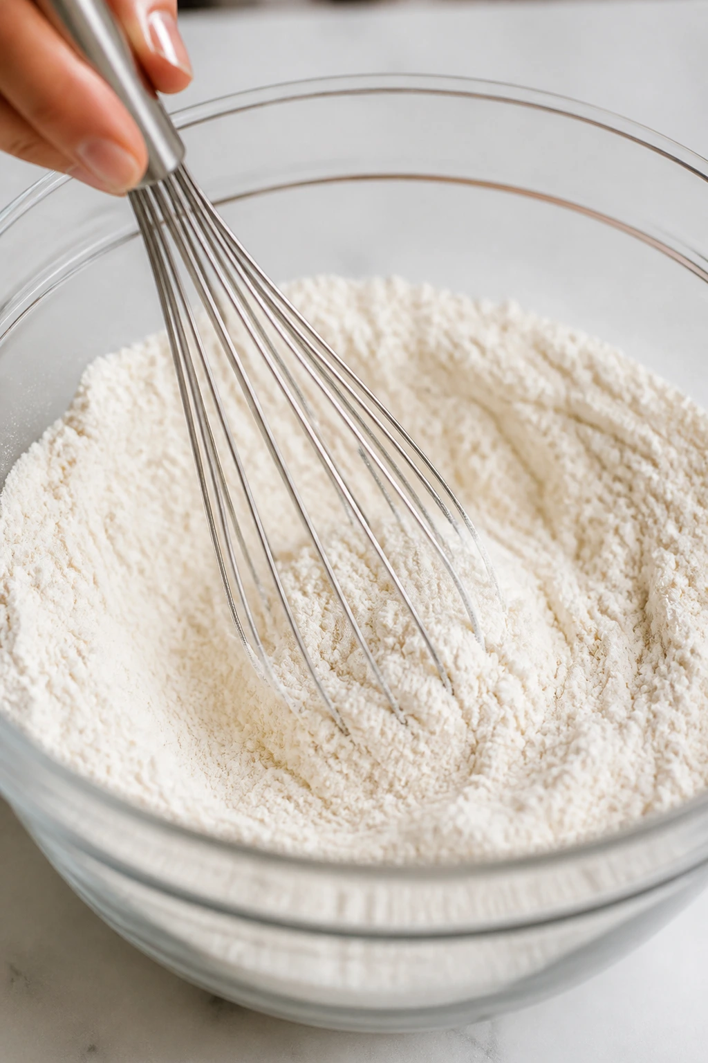 Whisk blending dry pancake ingredients in a bowl.