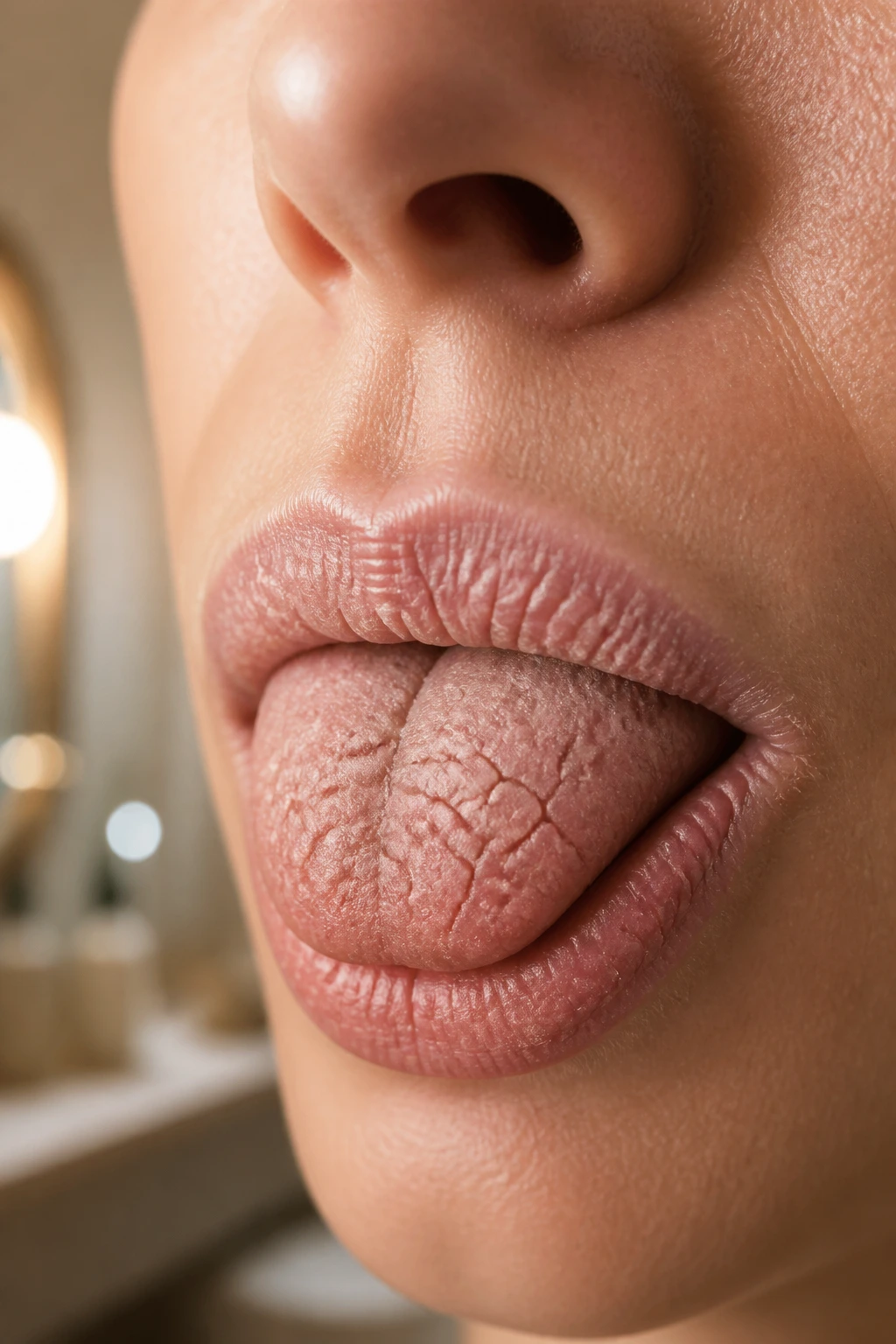 Close-up of a dry mouth with puckered lips to illustrate tannin-induced dryness.