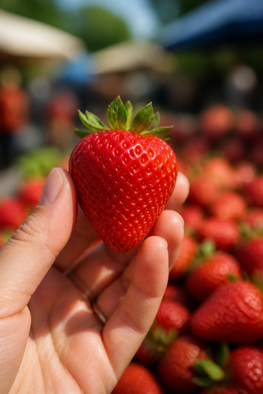 Close-up of a dry, mold-free strawberry being inspected at a market stand.