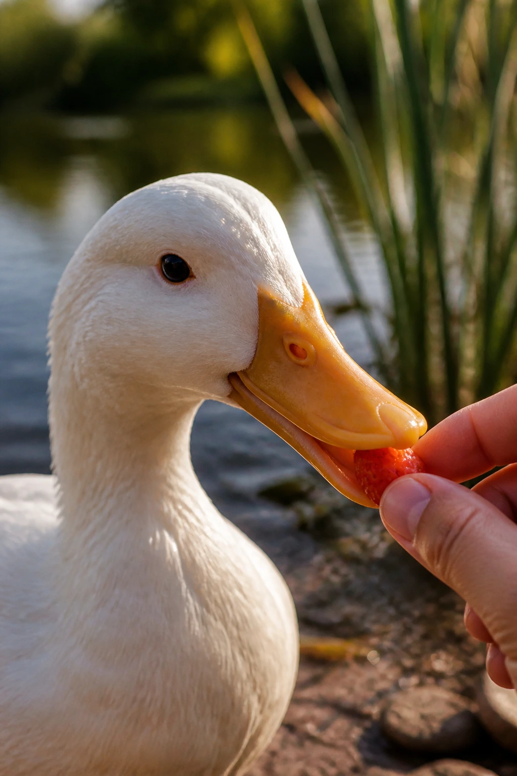Close-up duck with a small strawberry piece near its beak by a pond