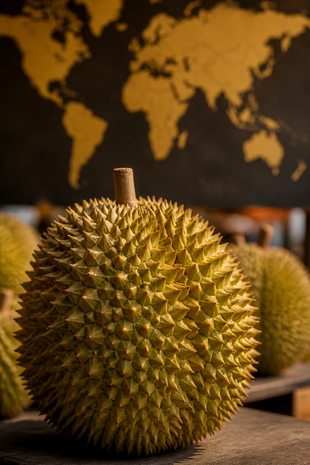 Durian with a map backdrop implying origins