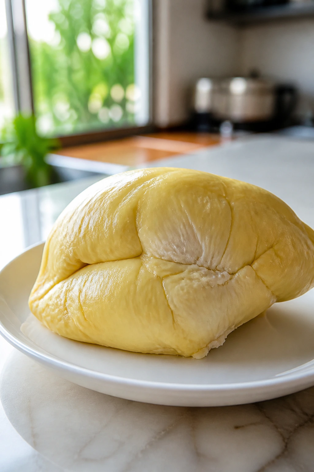 Durian flesh on a plate in bright kitchen light.
