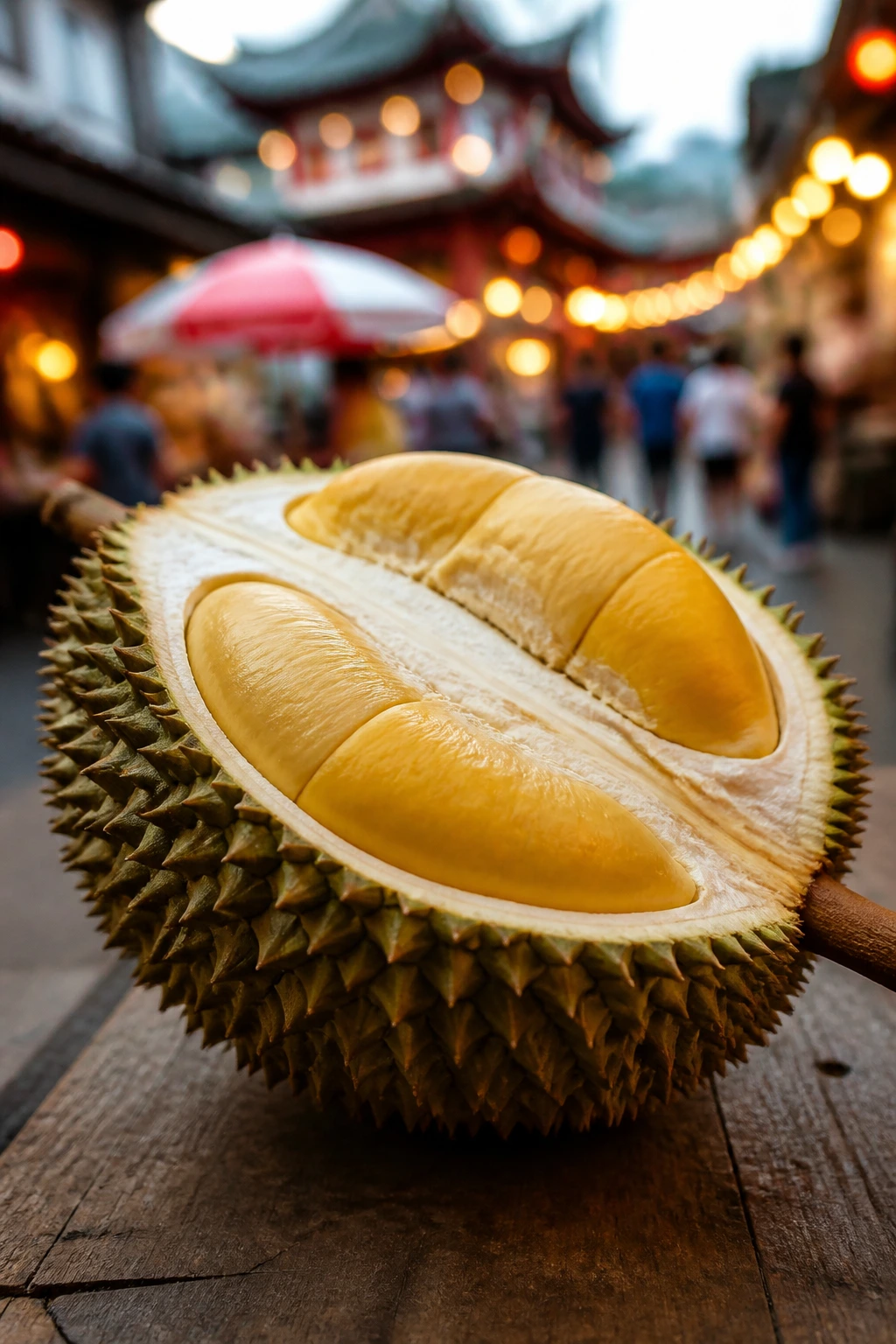 Durian on a wooden table with market ambiance in background.