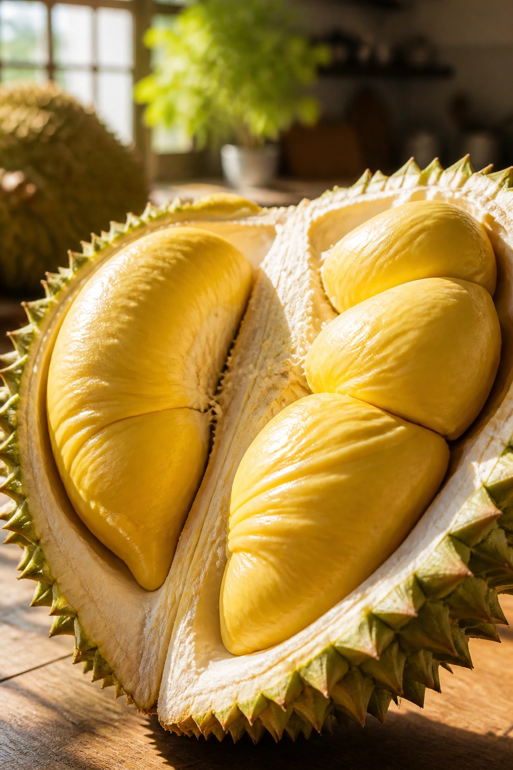10 Surprising Reasons Why Durian Is The King Of Fruits 2 Close-up of durian flesh showing energy-rich texture on bright kitchen counter