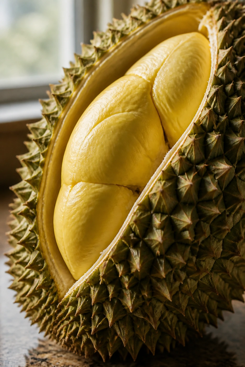Close-up of a ripe durian fruit with spiky shell and creamy flesh on a wooden kitchen counter