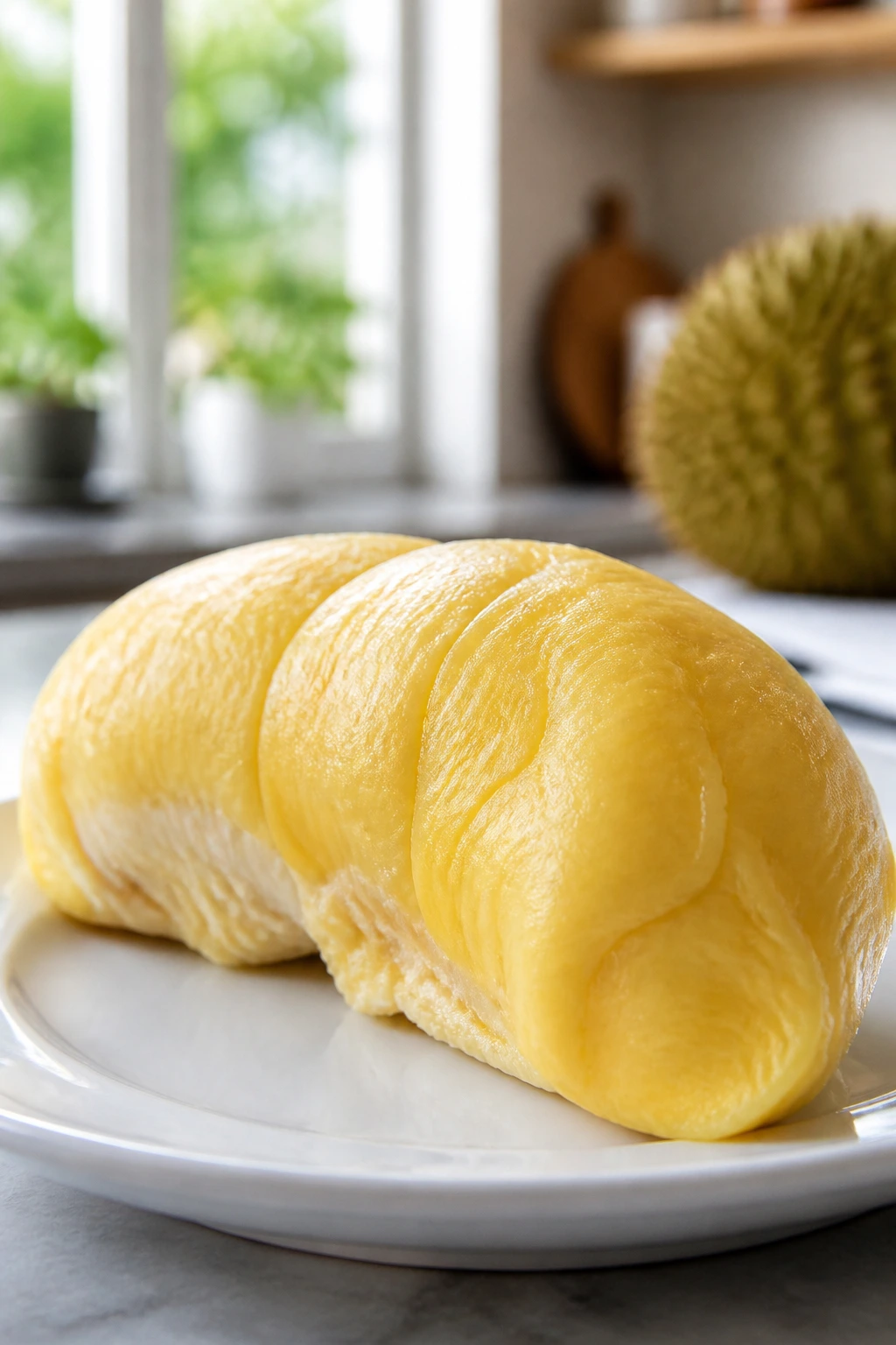 Durian chunk on a plate highlighting creamy flesh and texture.