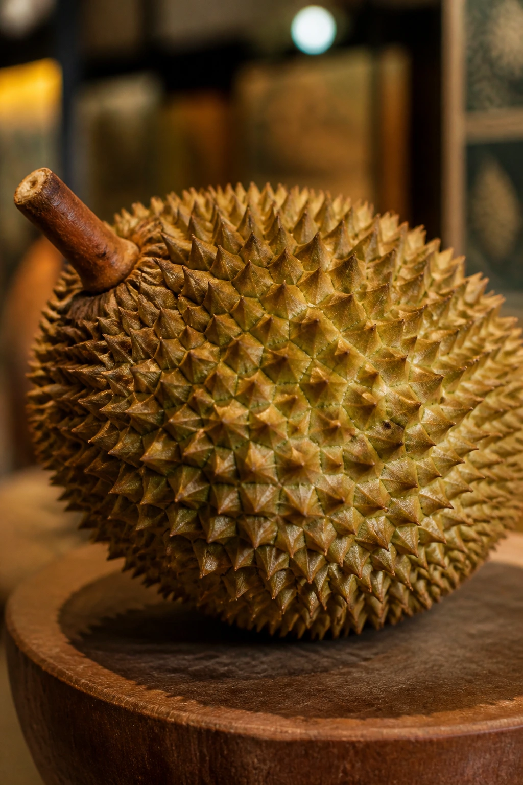 Durian on a vintage display with historical ambiance.