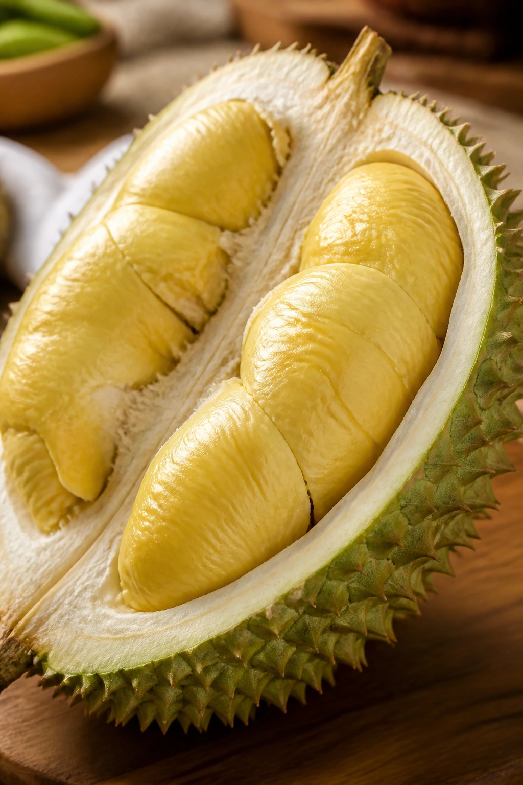 10 Surprising Reasons Why Durian Is The King Of Fruits 1 Close-up of a durian showing nutrient-rich flesh in a warm kitchen