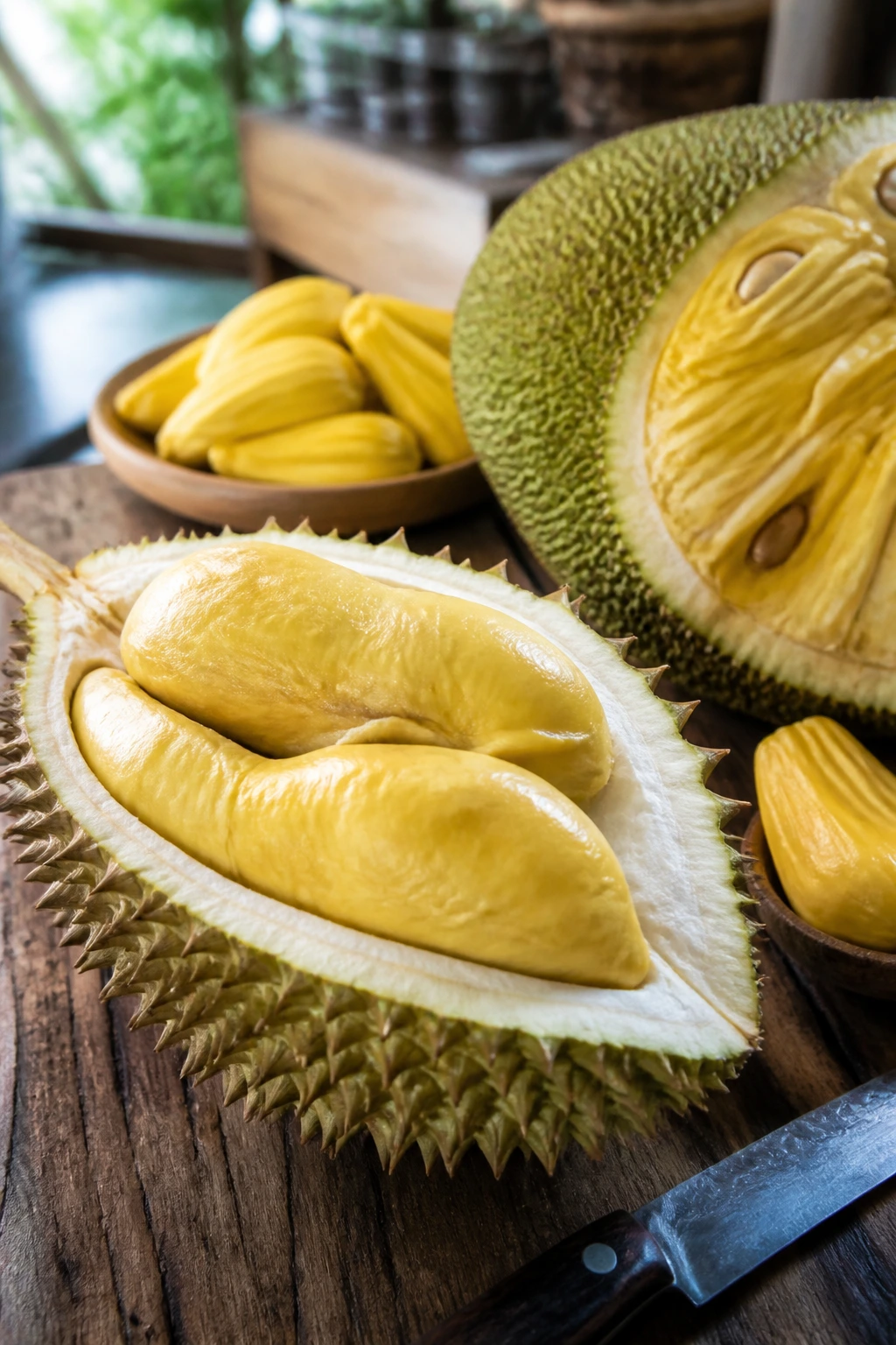 Opened durian with creamy yellow pods exposed
