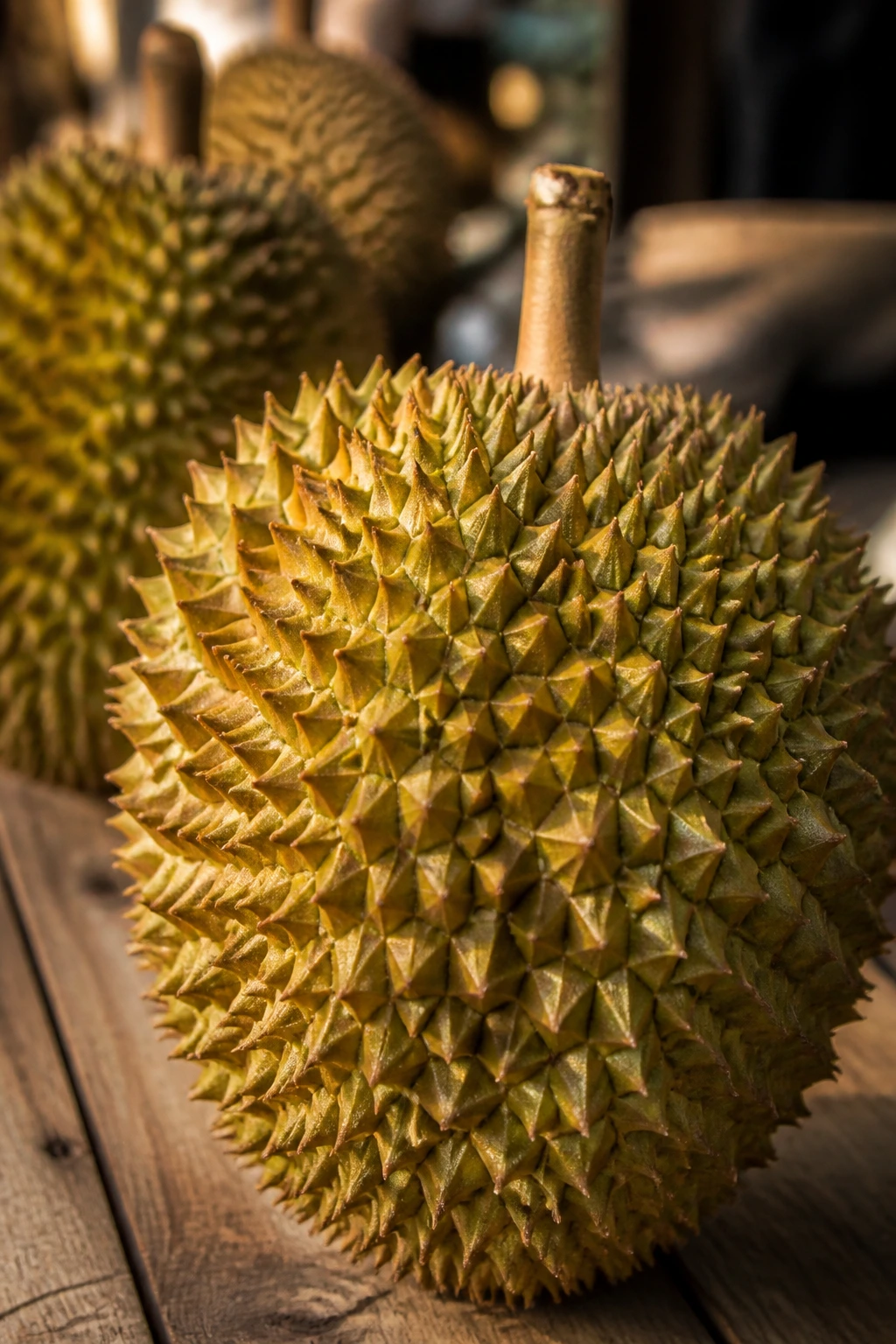 Close-up of a ripe durian in market light, Singapore national fruit.