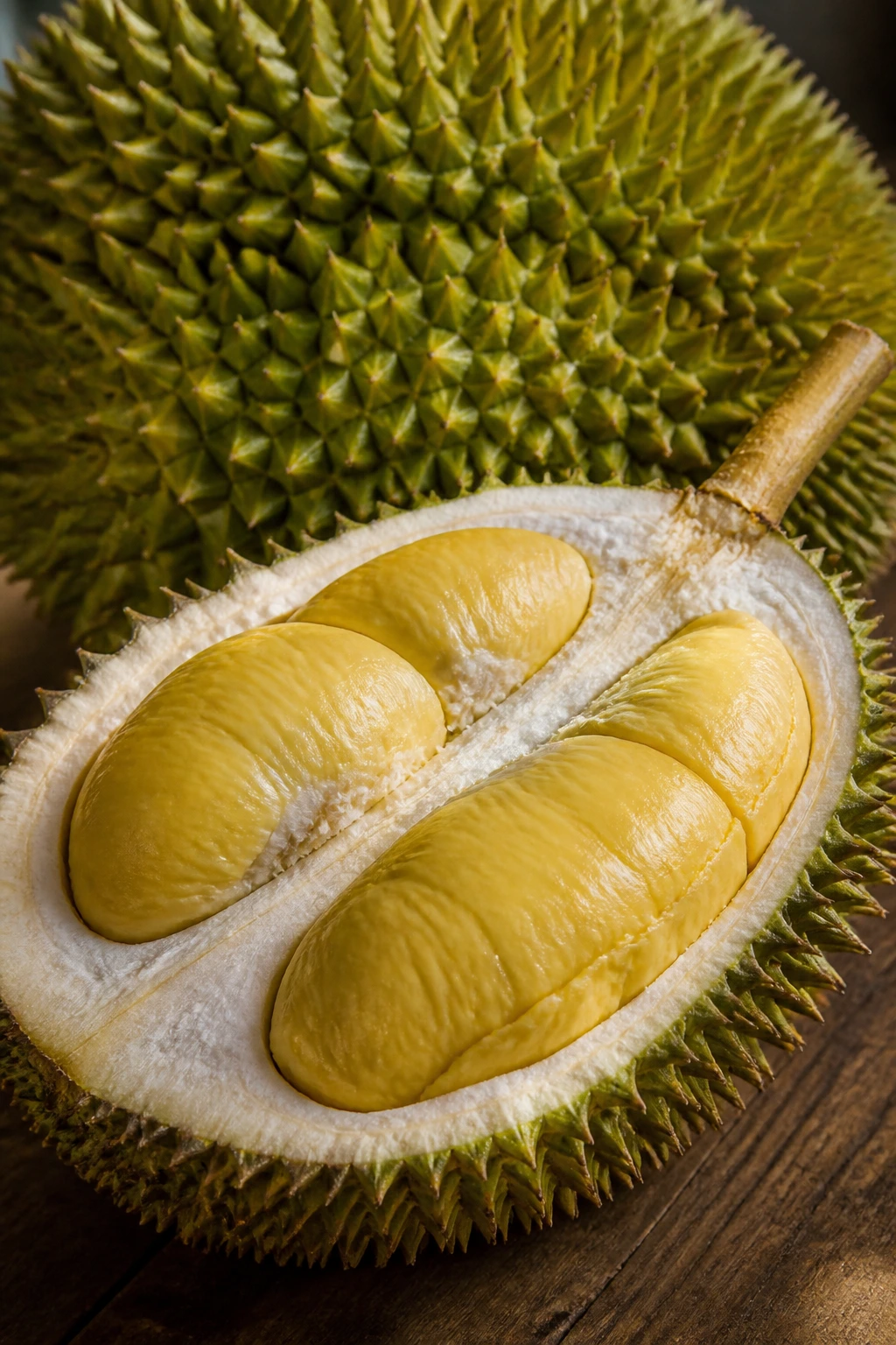 Close-up of a ripe durian with spiky shell on a wooden surface