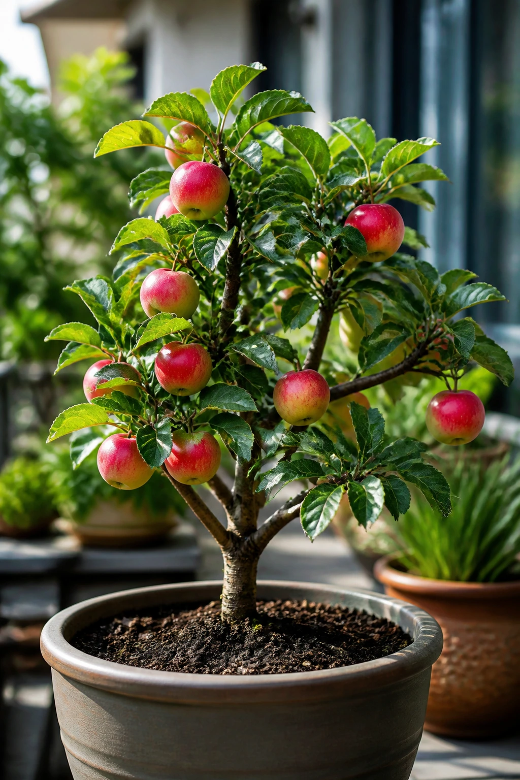 Why Are Fruit Trees Grafted? Everything You Need To Know 16 Dwarf apple tree in a large pot on a balcony, emphasizing compact size for small gardens.