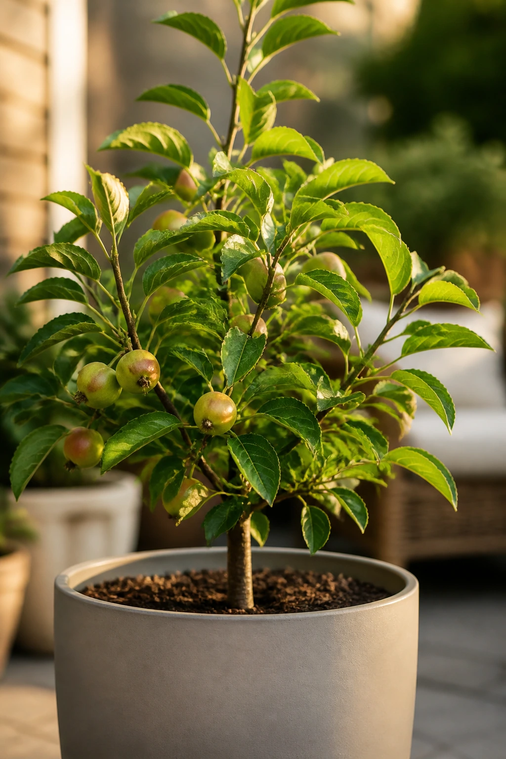 Close-up of a dwarf fruit tree in a pot on a sunny patio, ready to start a small-space orchard
