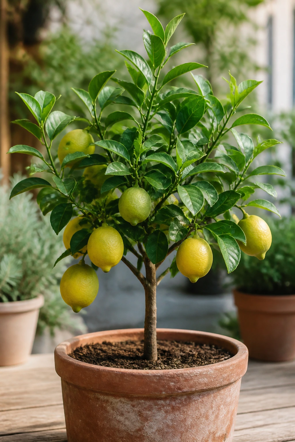 Why Are Fruit Trees Grafted? Everything You Need To Know 13 Dwarf grafted fruit tree in a pot occupying the frame on a patio.