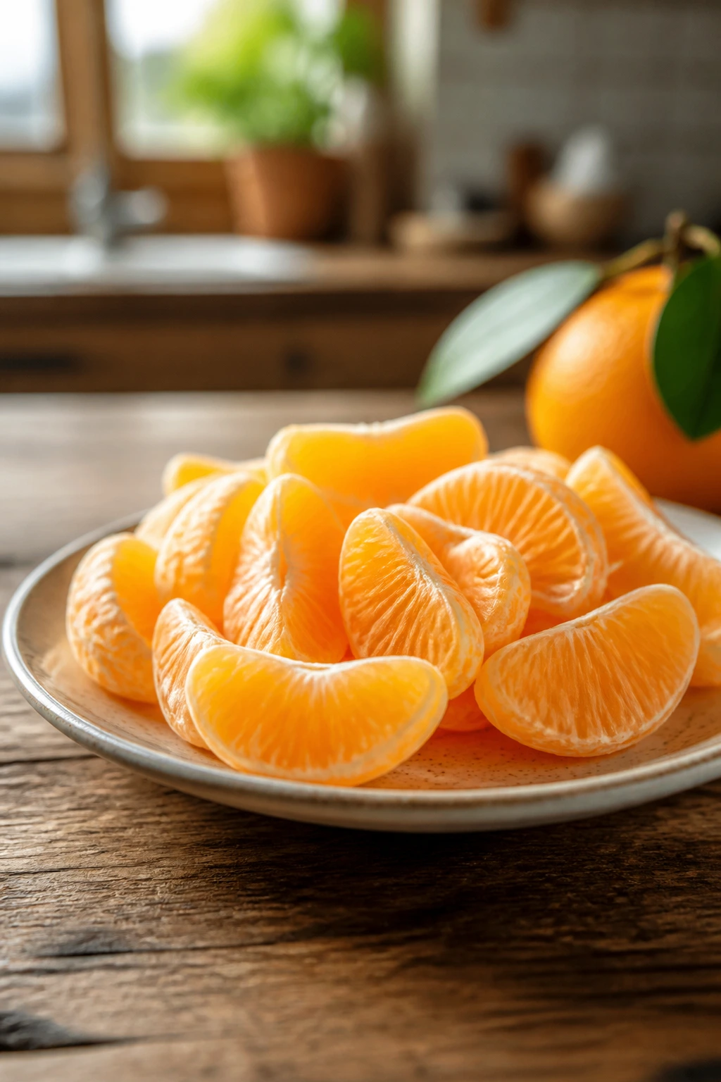 Citrus Relief: Are Oranges Good For Diarrhea? 4 Peeled orange segments neatly arranged on a small plate in a warm kitchen setting.