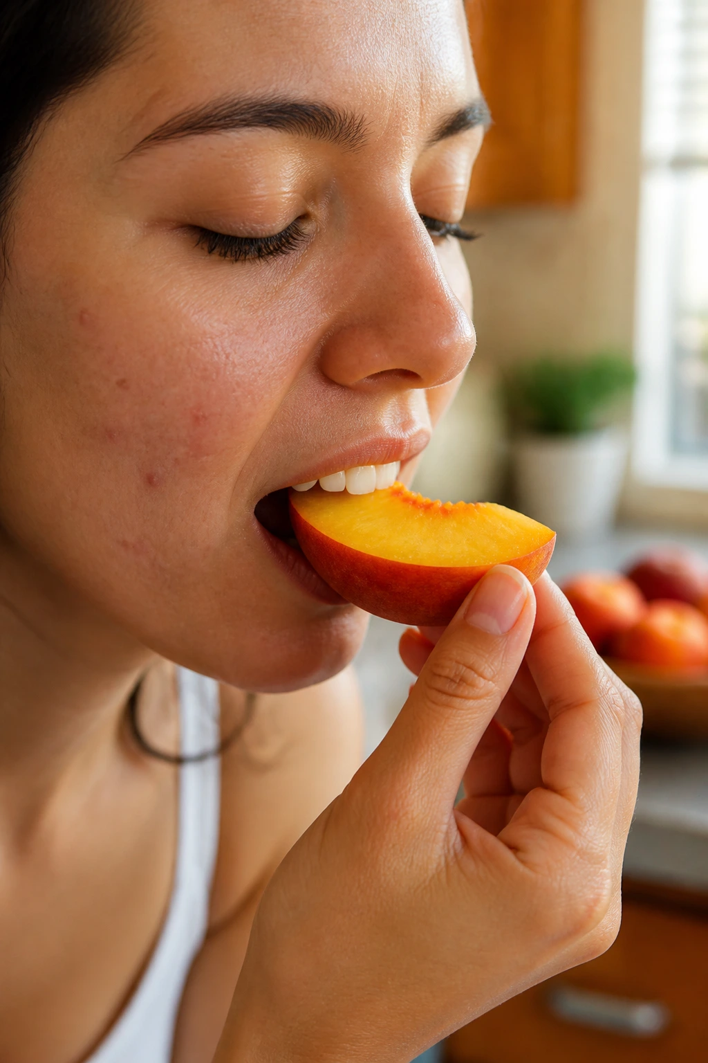Banishing Breakouts: Are Peaches Good For Acne? 1 Close-up of a real person biting a peach in a sunlit kitchen, illustrating eating and skin health related to acne