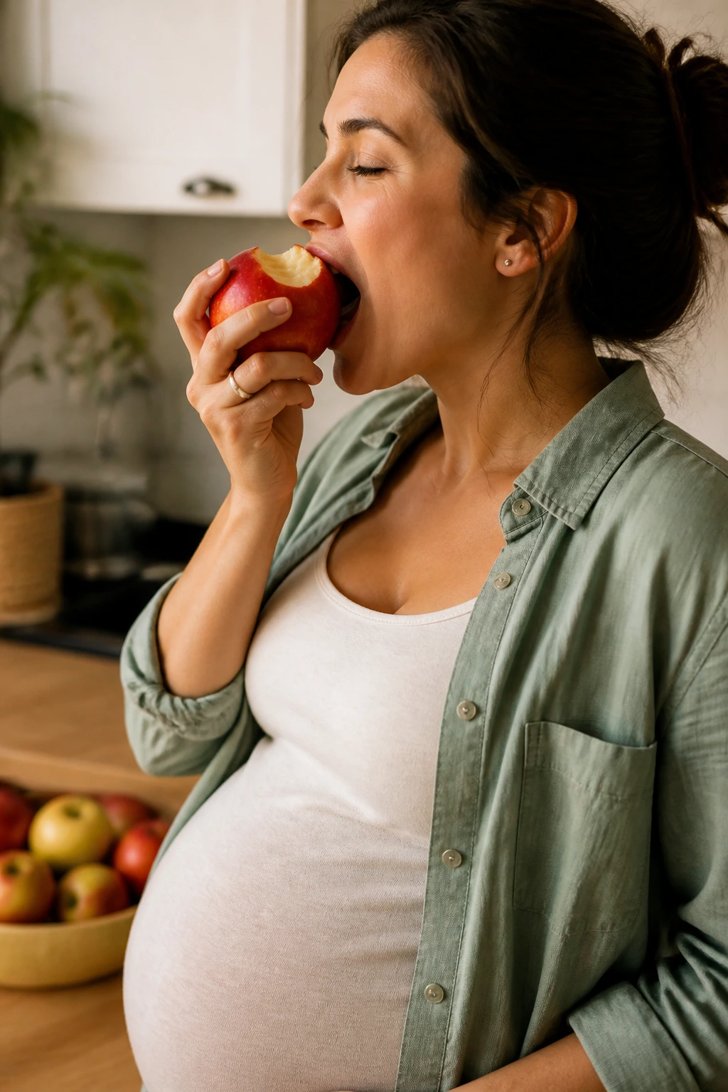 Real pregnant woman taking a bite of a crisp apple in a kitchen