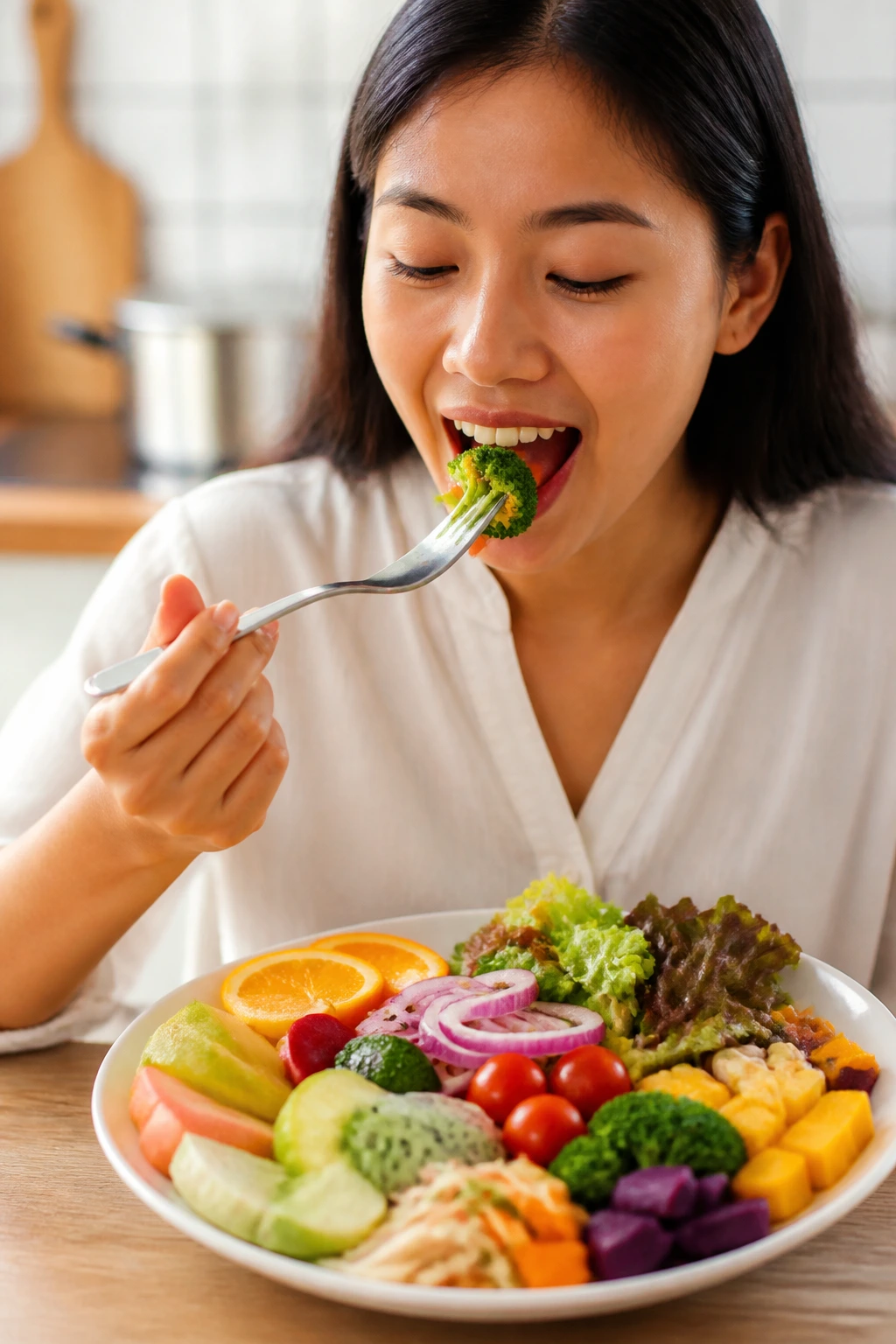 Close-up of a real person eating a colorful, nutritious meal in a kitchen