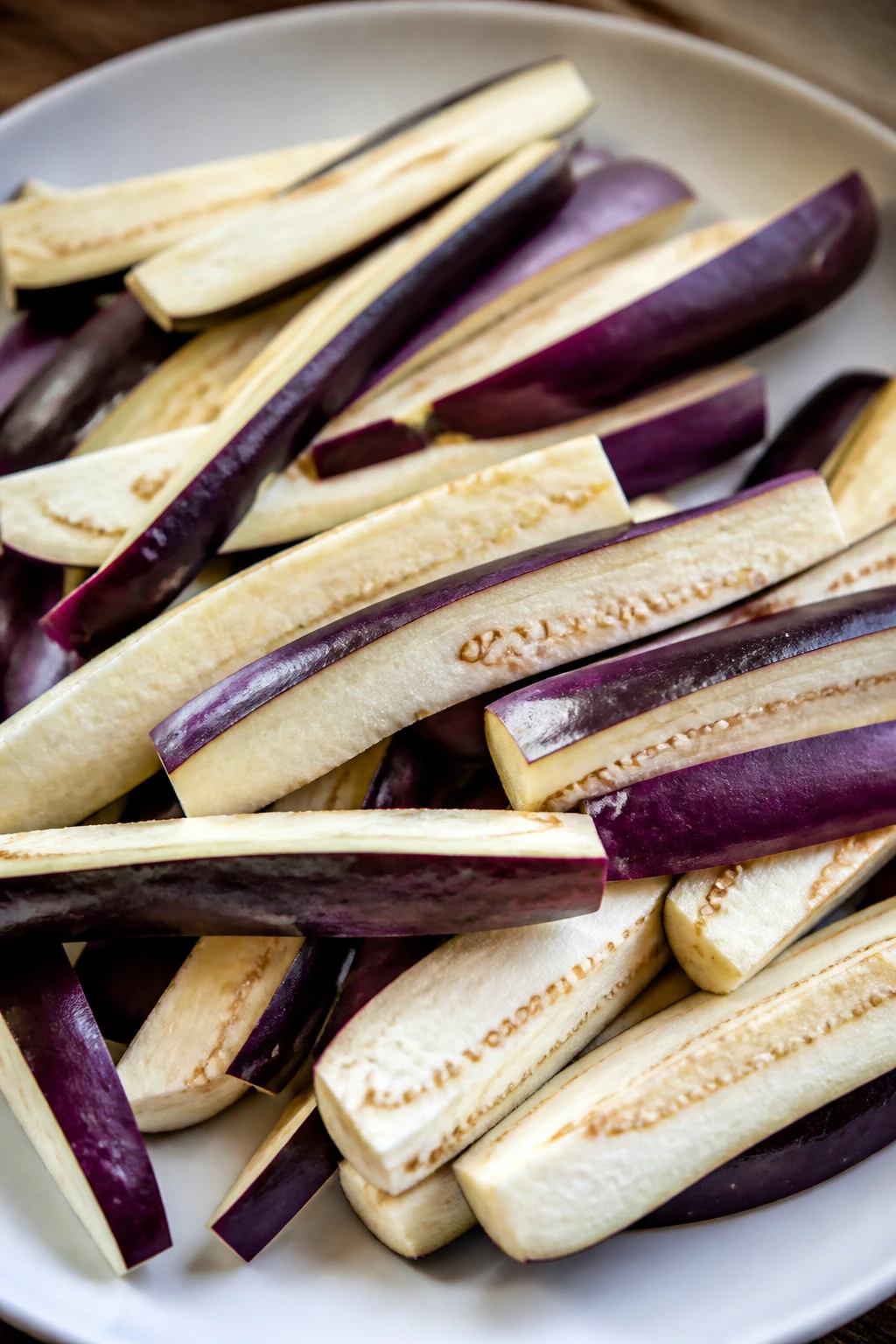 12 Surprising Health Benefits of Garden Egg Fruit 4 Eggplant slices arranged on a plate, filling the frame with purple skin and pale flesh.