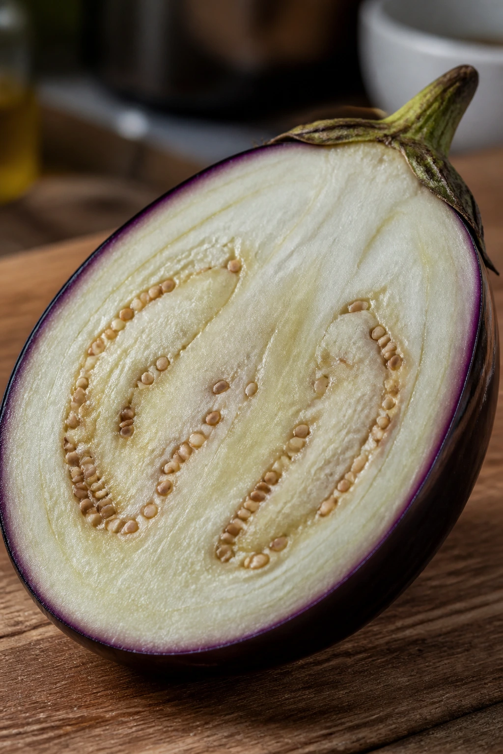 12 Surprising Health Benefits of Garden Egg Fruit 1 Close-up of a halved garden egg fruit showing purple skin and pale interior, filling the frame.