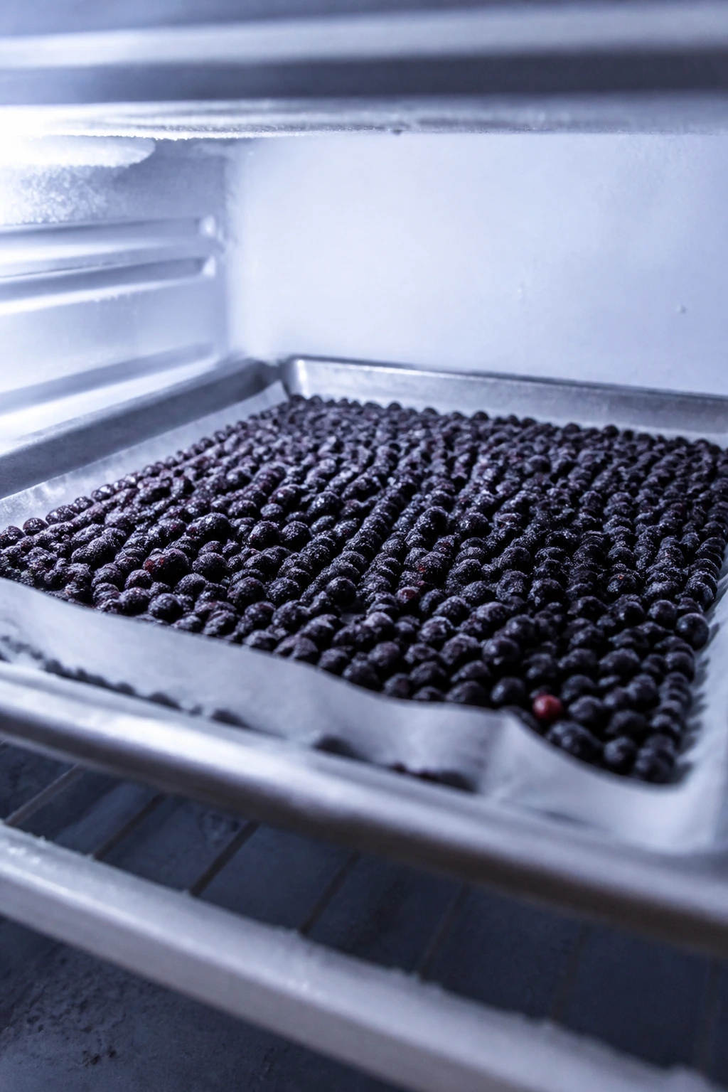 How To Store Elderberries For Long Term: Step-By-Step Guide 7 Elderberries spread in a single layer on a parchment-lined sheet in a freezer