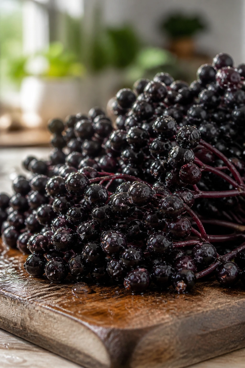 How To Store Elderberries For Long Term: Step-By-Step Guide 4 Close-up of washed elderberries drying on a wooden kitchen board in natural light