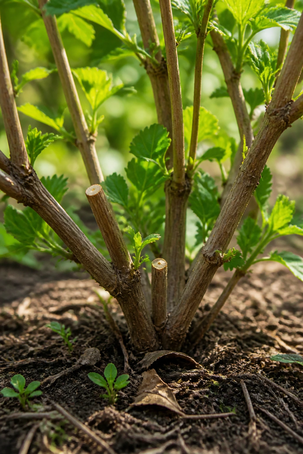 Close-up of pruned elderberry bush with clean cuts and new growth in a garden