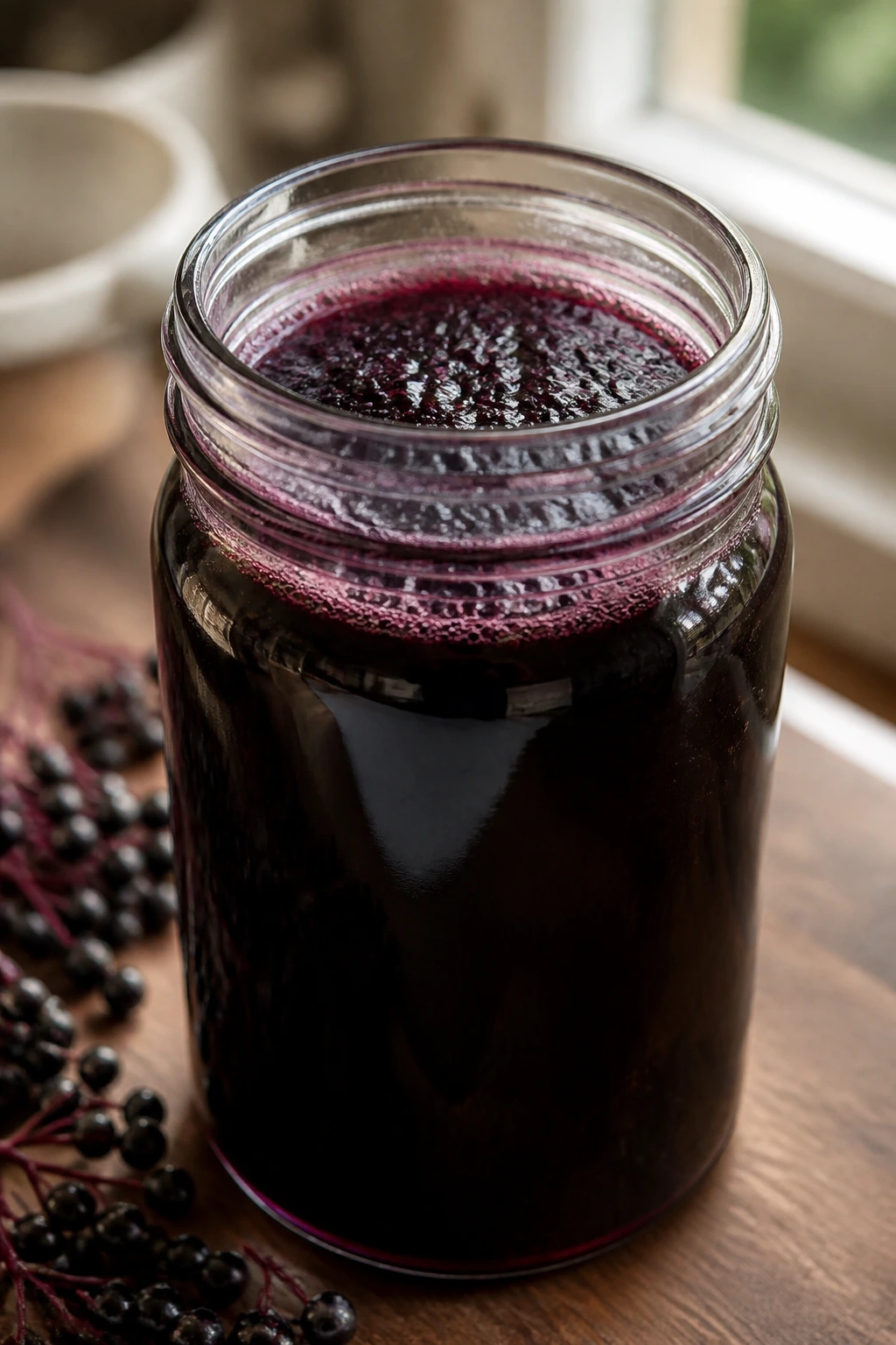 Close-up of a glass jar of dark purple elderberry syrup on a wooden kitchen counter