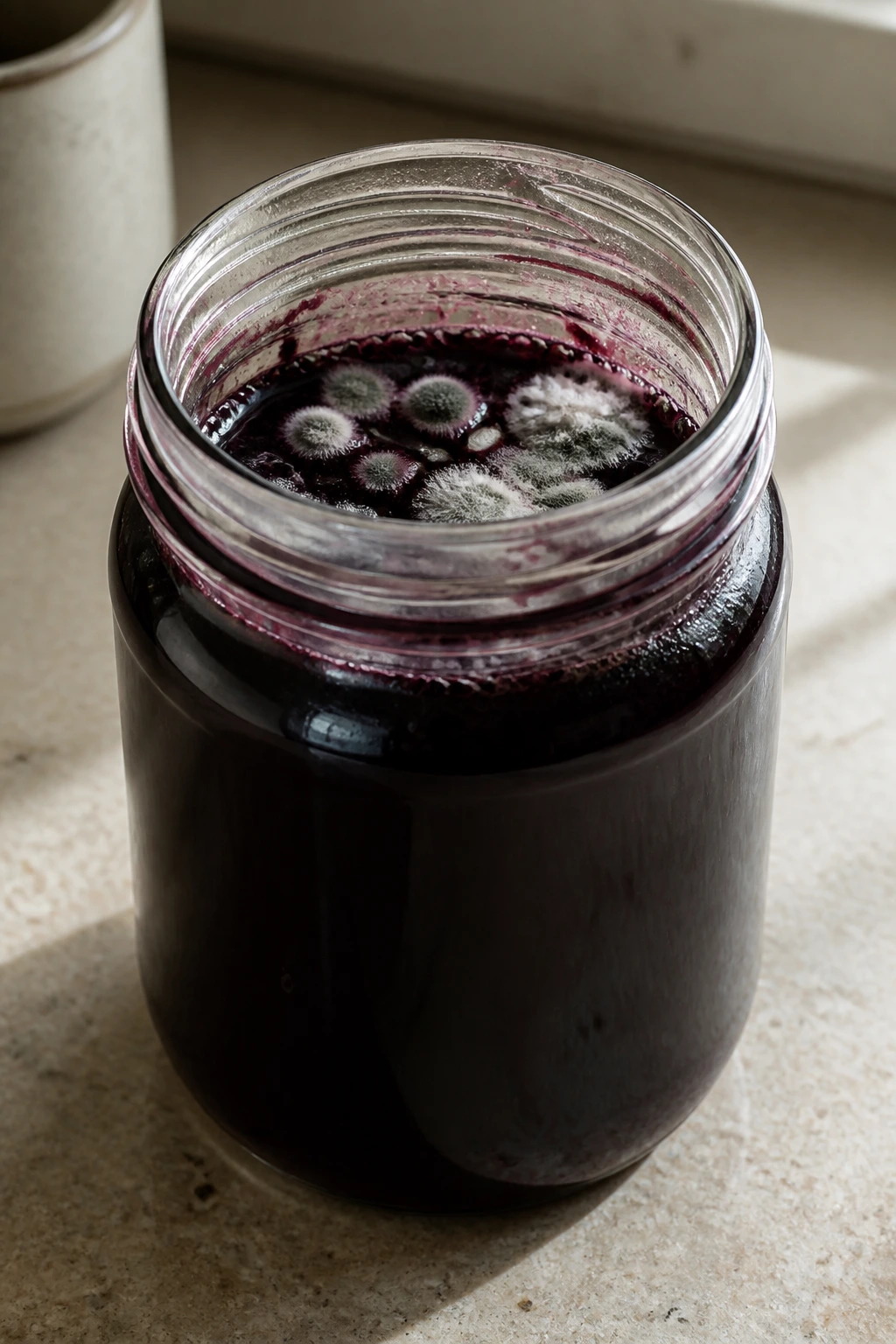Close-up of elderberry syrup jar with mold on surface on a kitchen counter