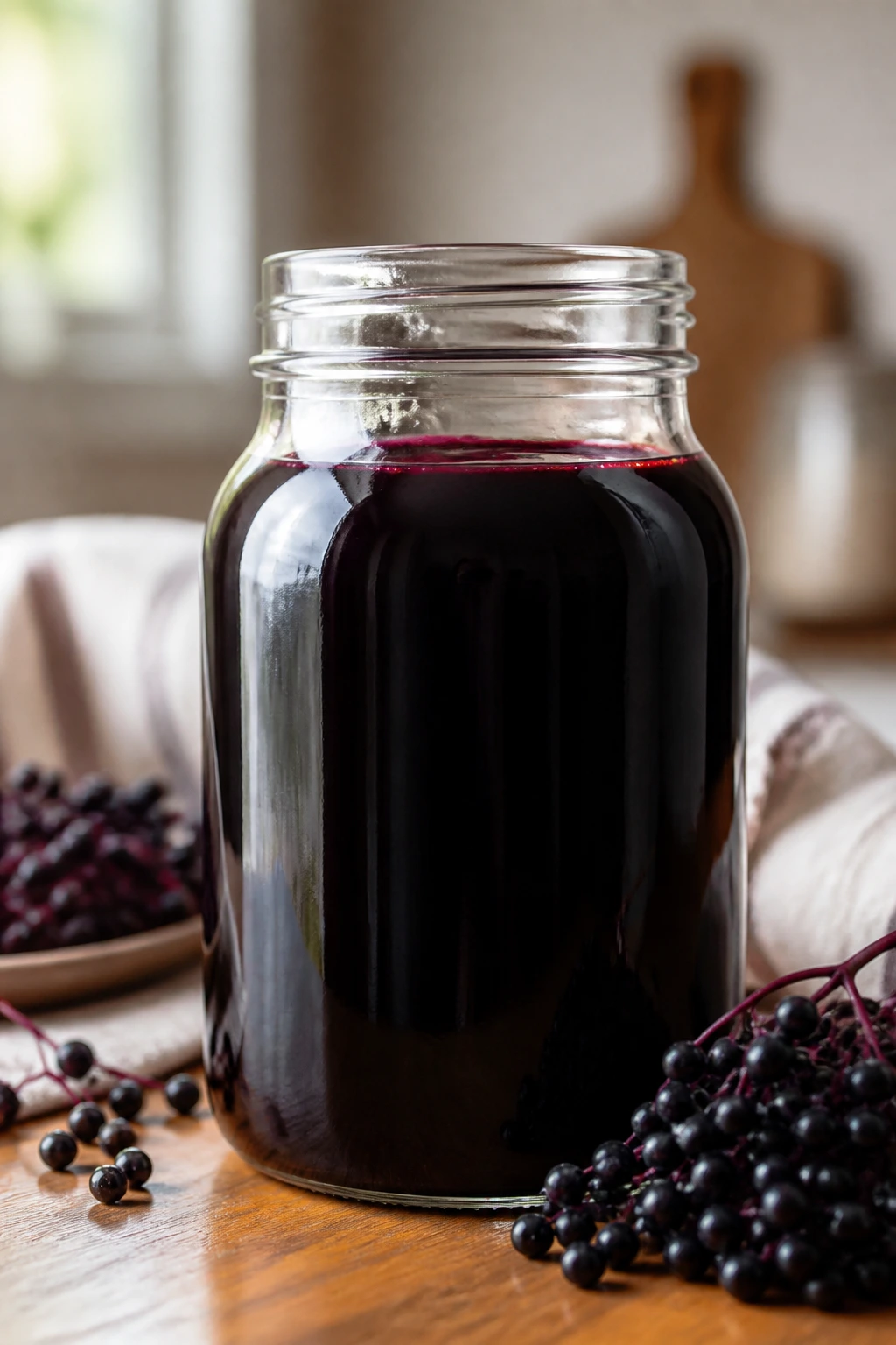 Close-up of elderberry syrup jar on warm kitchen counter