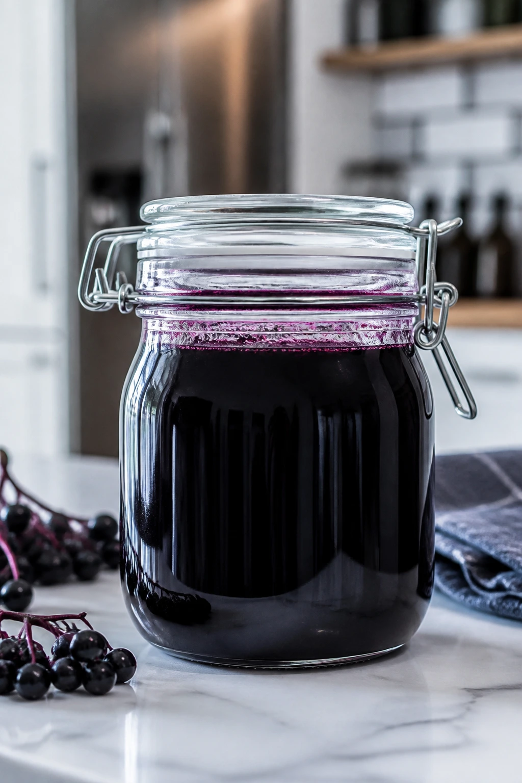 Airtight elderberry syrup jar on a kitchen counter