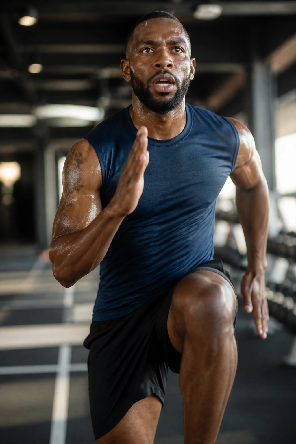 Mid-shot portrait of a man in athletic gear during a workout, symbolizing energy and performance