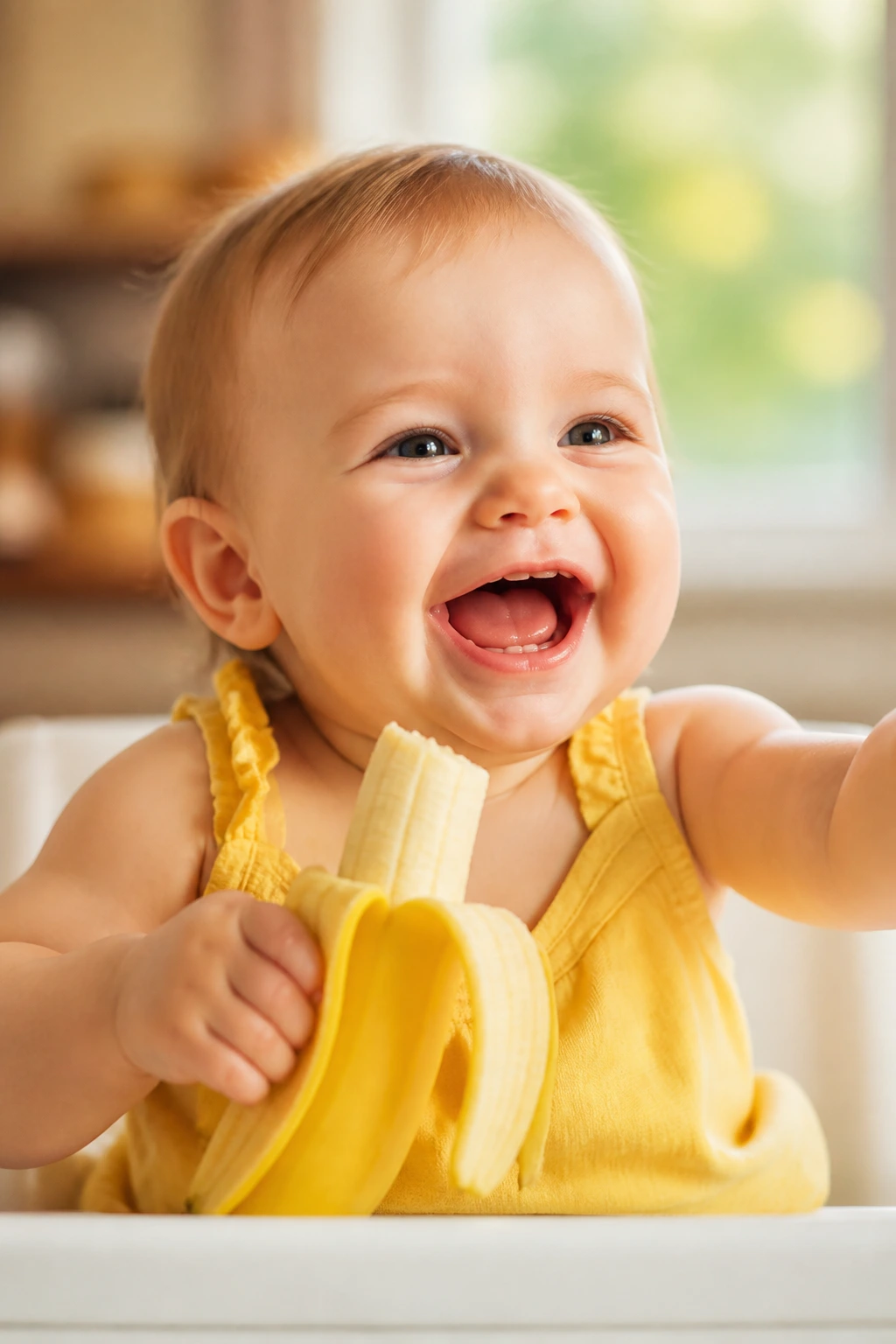Energetic baby playing with a banana in a sunlit room.
