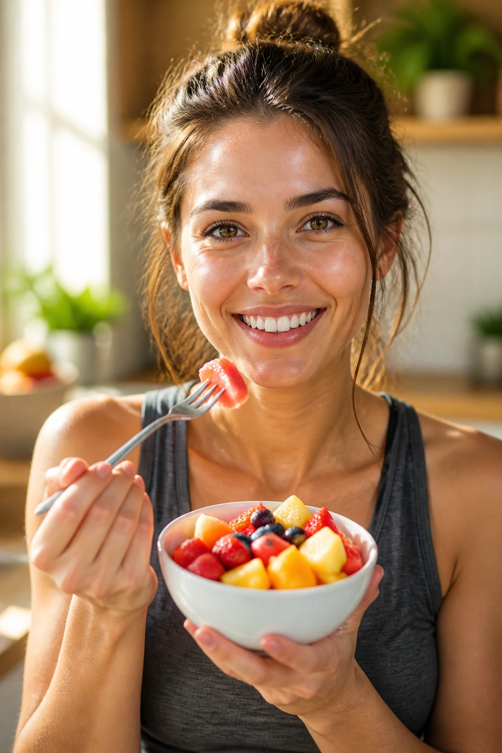 Why Am I Craving Fruit All Of A Sudden? Here Are 7 Reasons 2 Portrait of a real person ready for an energy boost in a sunlit kitchen
