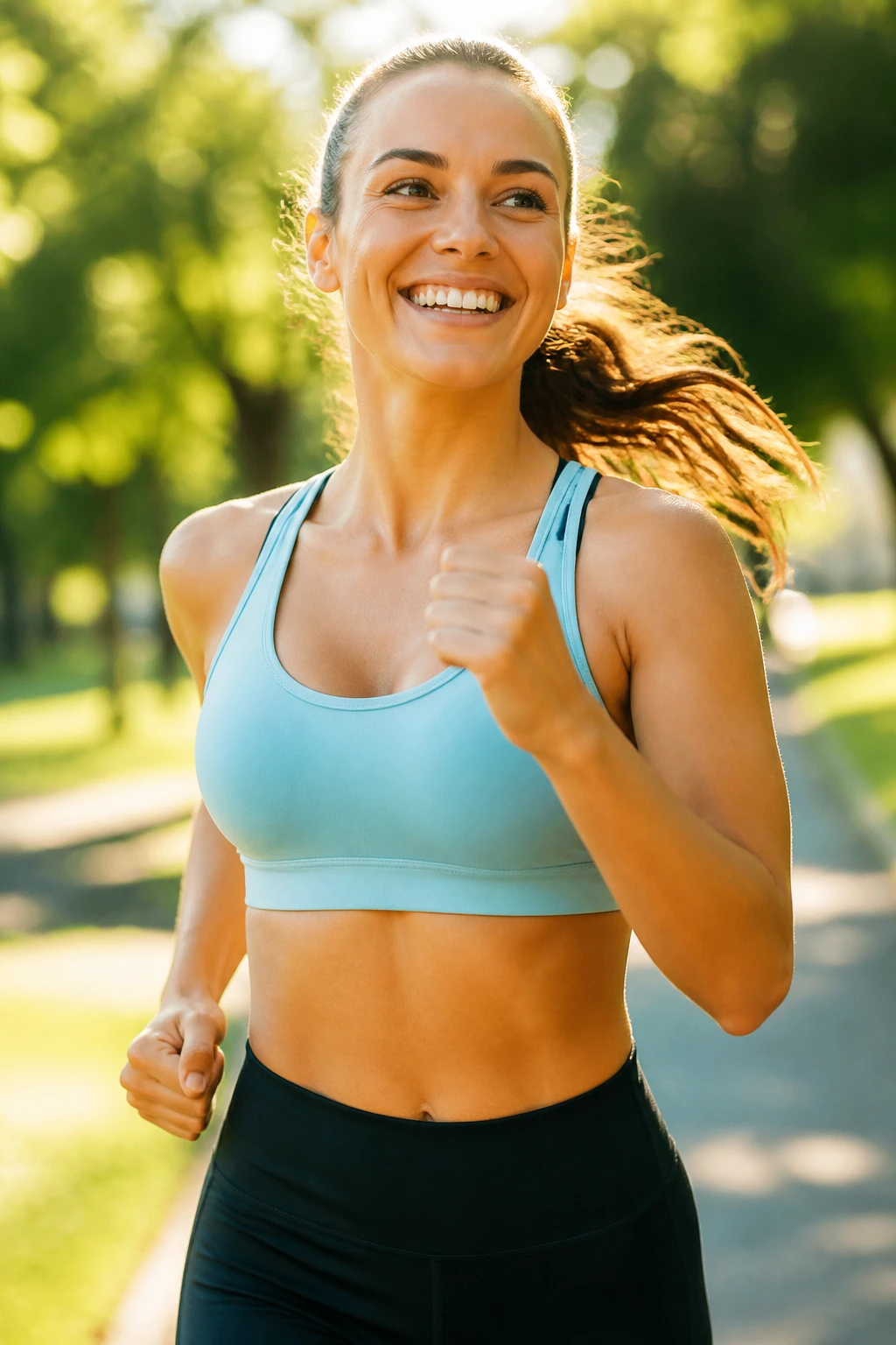 Mid-shot portrait of a real woman outdoors in morning light, energized