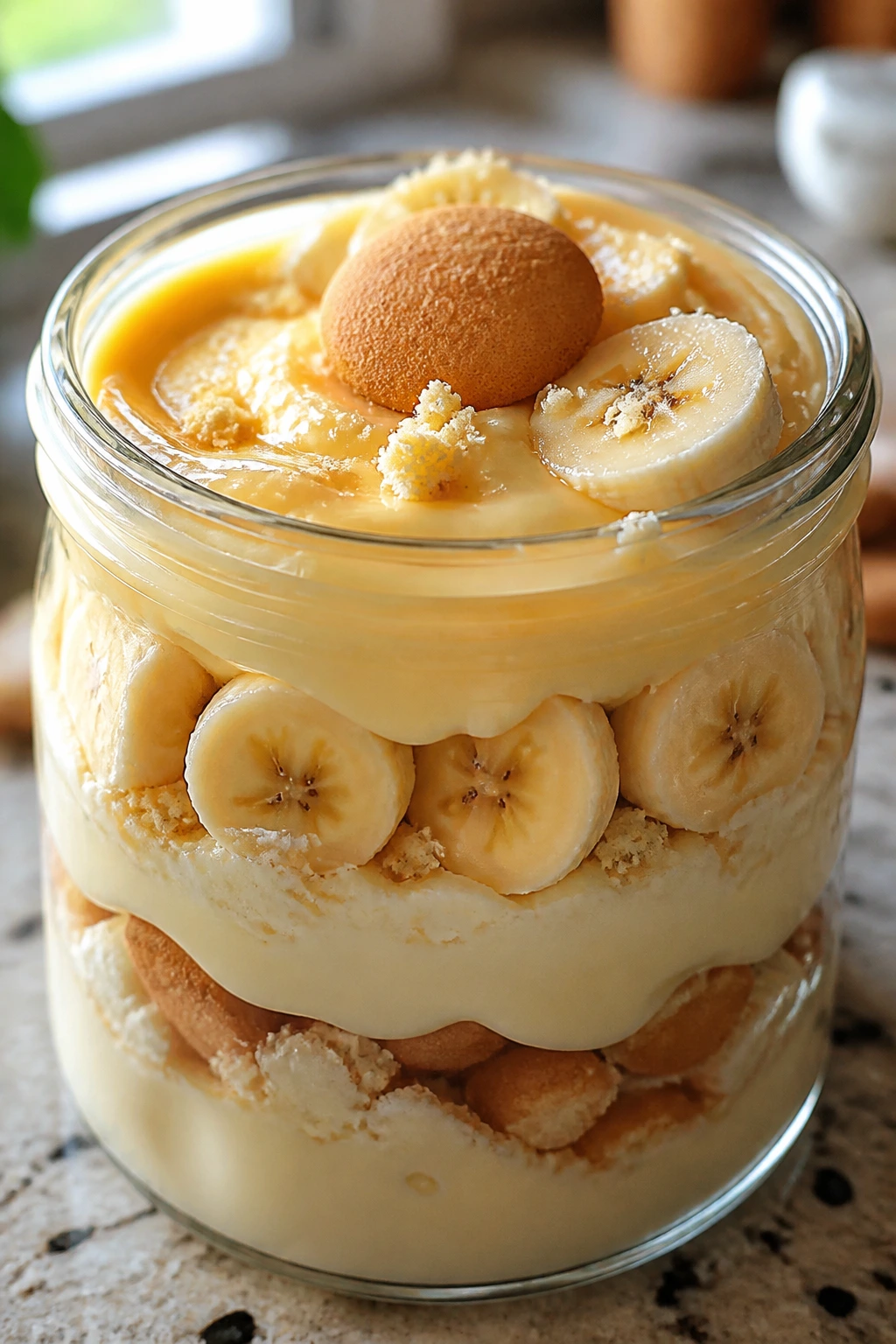 Can You Freeze Banana Pudding? Tips and Tricks For You 8 Banana pudding jar ready to eat on a kitchen counter.